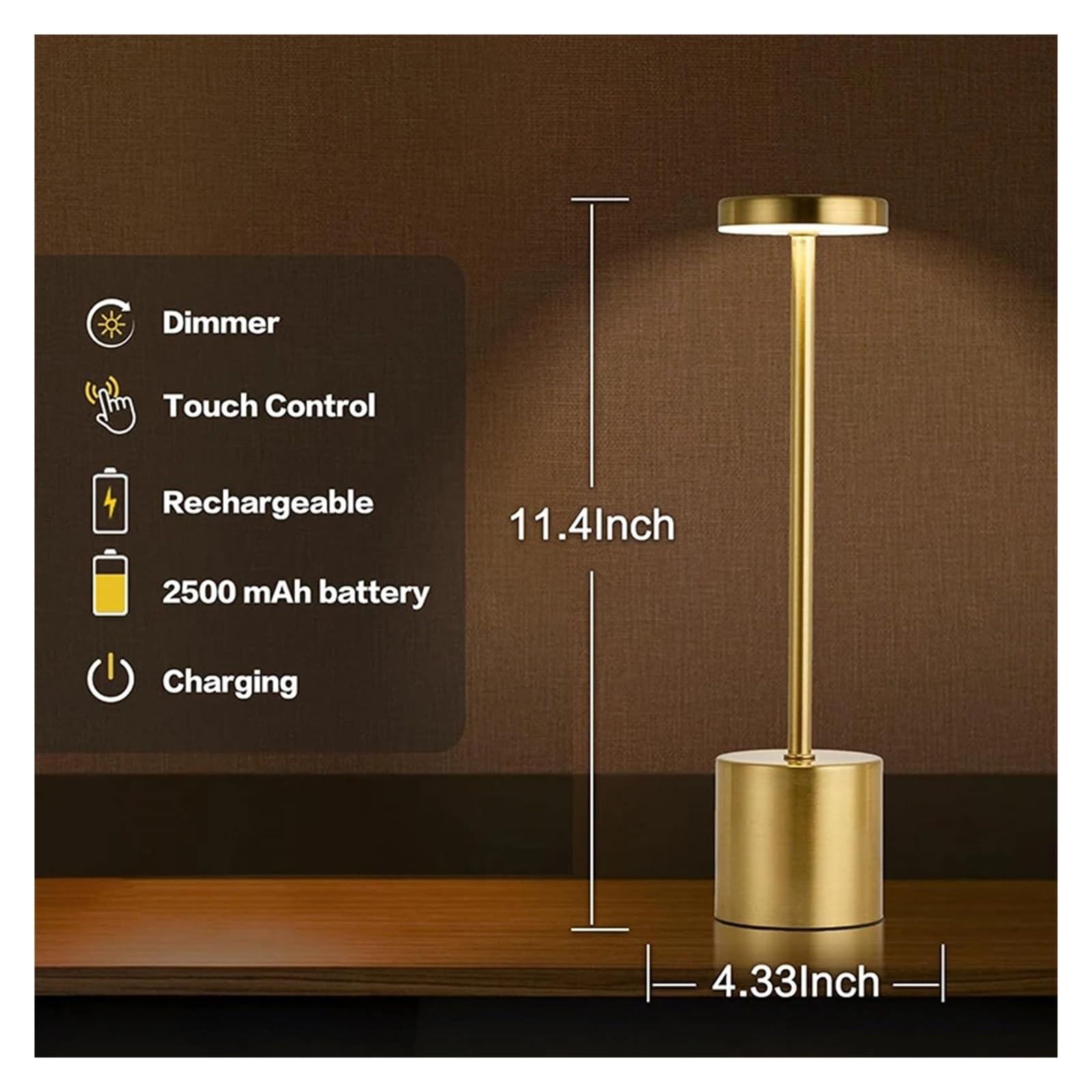 Lámpara de mesa LED Sensor táctil Luz nocturna USB | Dormitorio portátil recargable lectura inalámbrica restaurante hotel bar(Black)