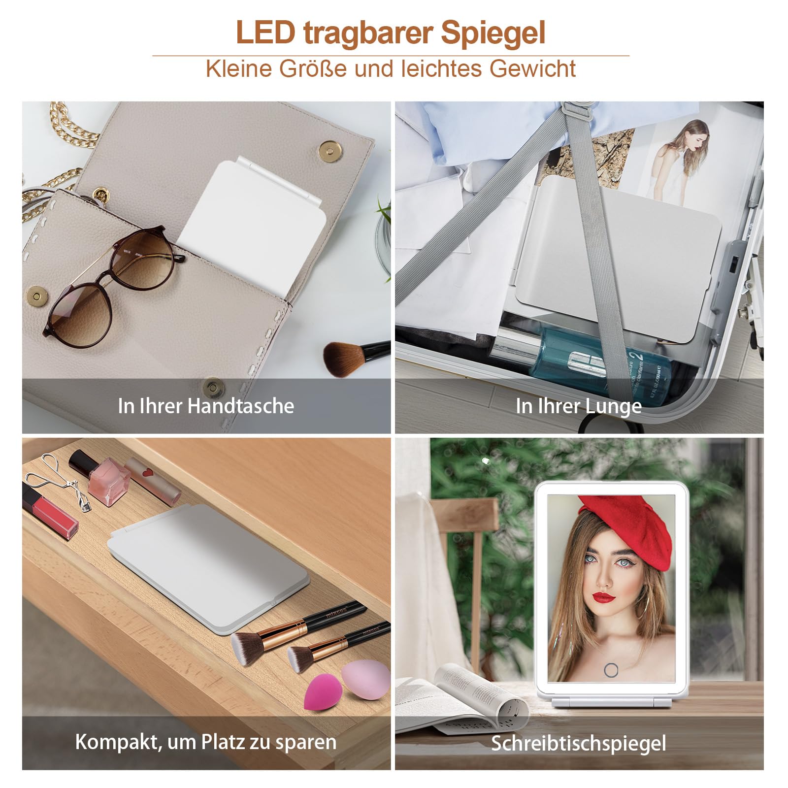 FASCINATE Kosmetikspiegel mit Beleuchtung, Wiederaufladbarer LED Schminkspiegel mit 3 Lichtfarben, Vergrößerungsspiegel Helligkeit einstellbar