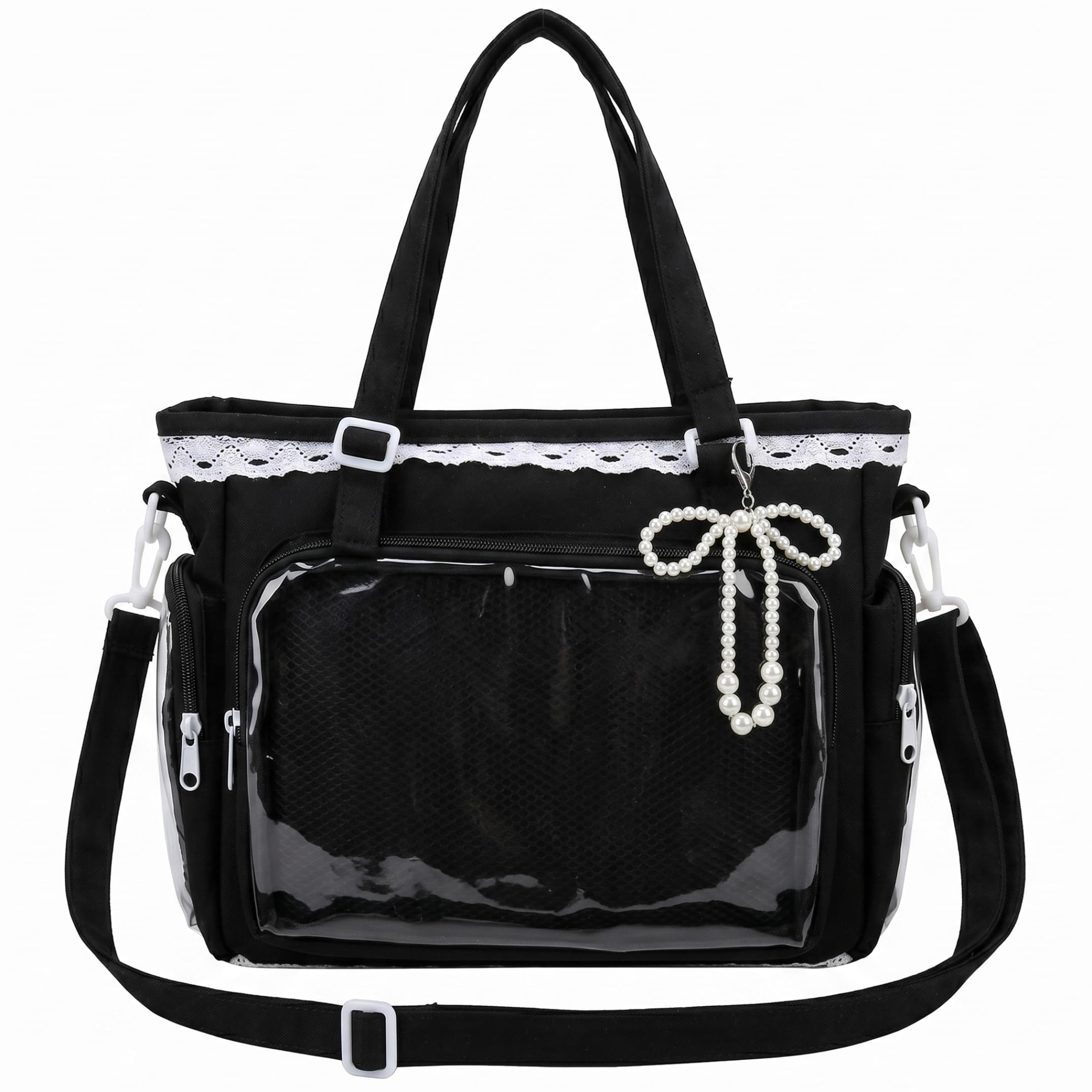 Ginwrek Itabag Black Ita Bag, Ita Bag with Clear Window & Japanese Lace Accents, Multi-carry Pin Display, Canvas Kawaii Purse, Black
