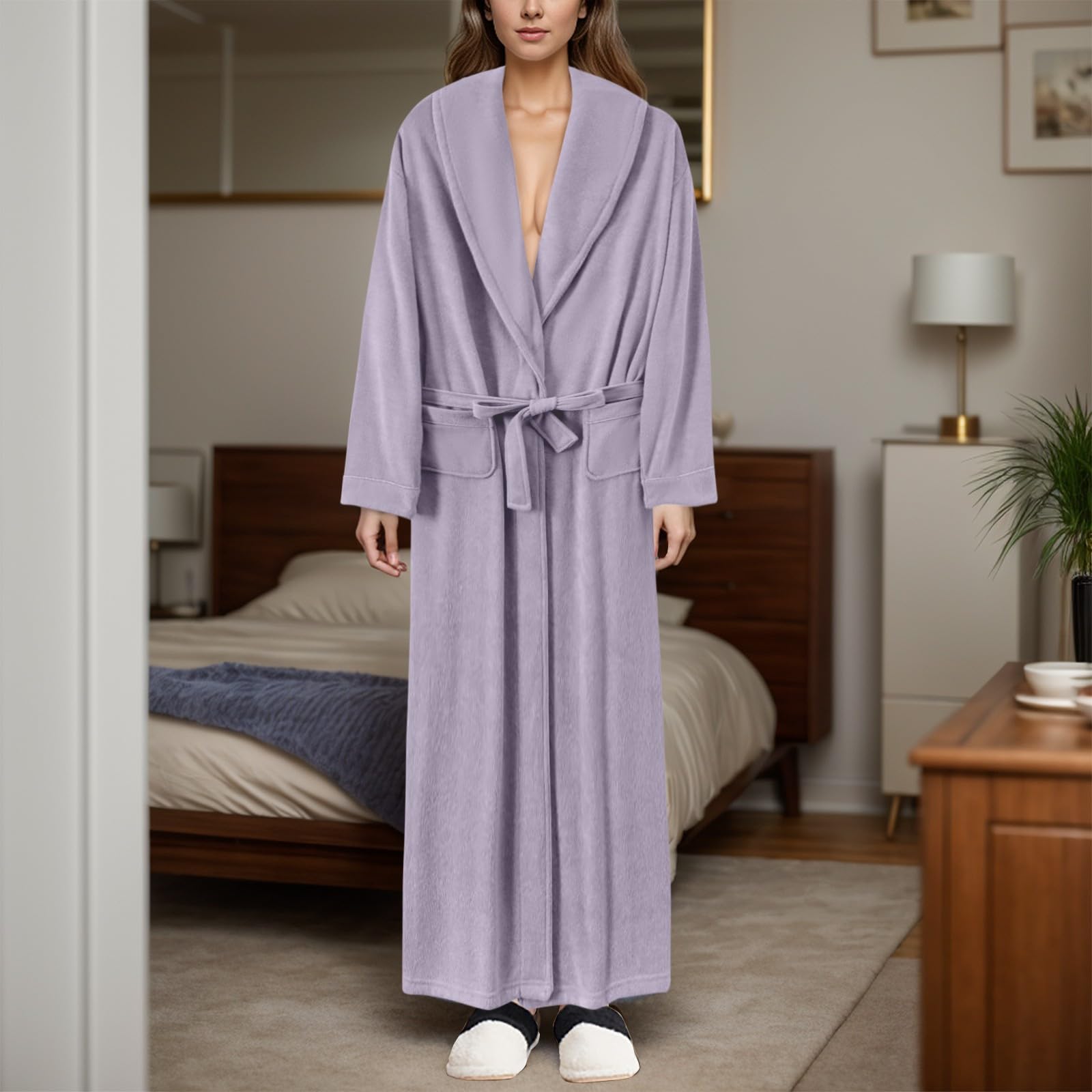 Albornoz genérico para mujer, 2026, secado rápido, absorbente de agua, largo vestido de baño, franela, grueso, invierno, casa (luz púrpura, XL)