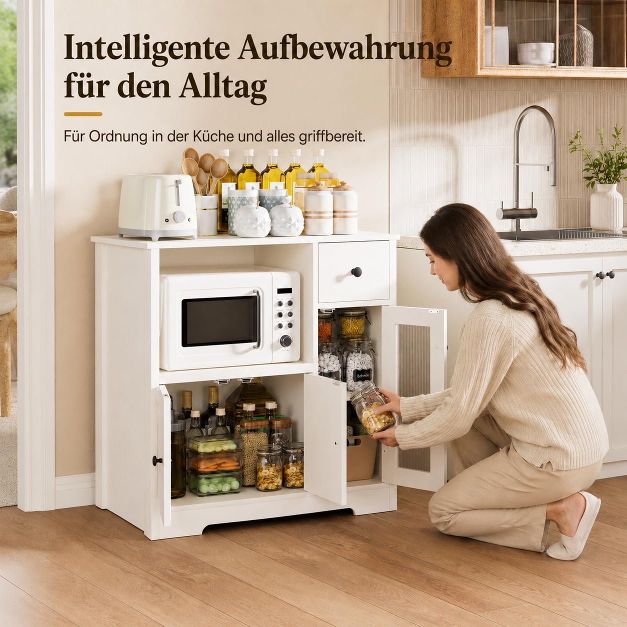 Yorbay Weiß Küchenschrank mit Arbeitsplatte und Mikrowellenregal: Sideboard mit 1 Schublade und 3 Türen für Küche - Mehrzweckschrank mit Kippschutz für Esszimmer Wohnzimmer