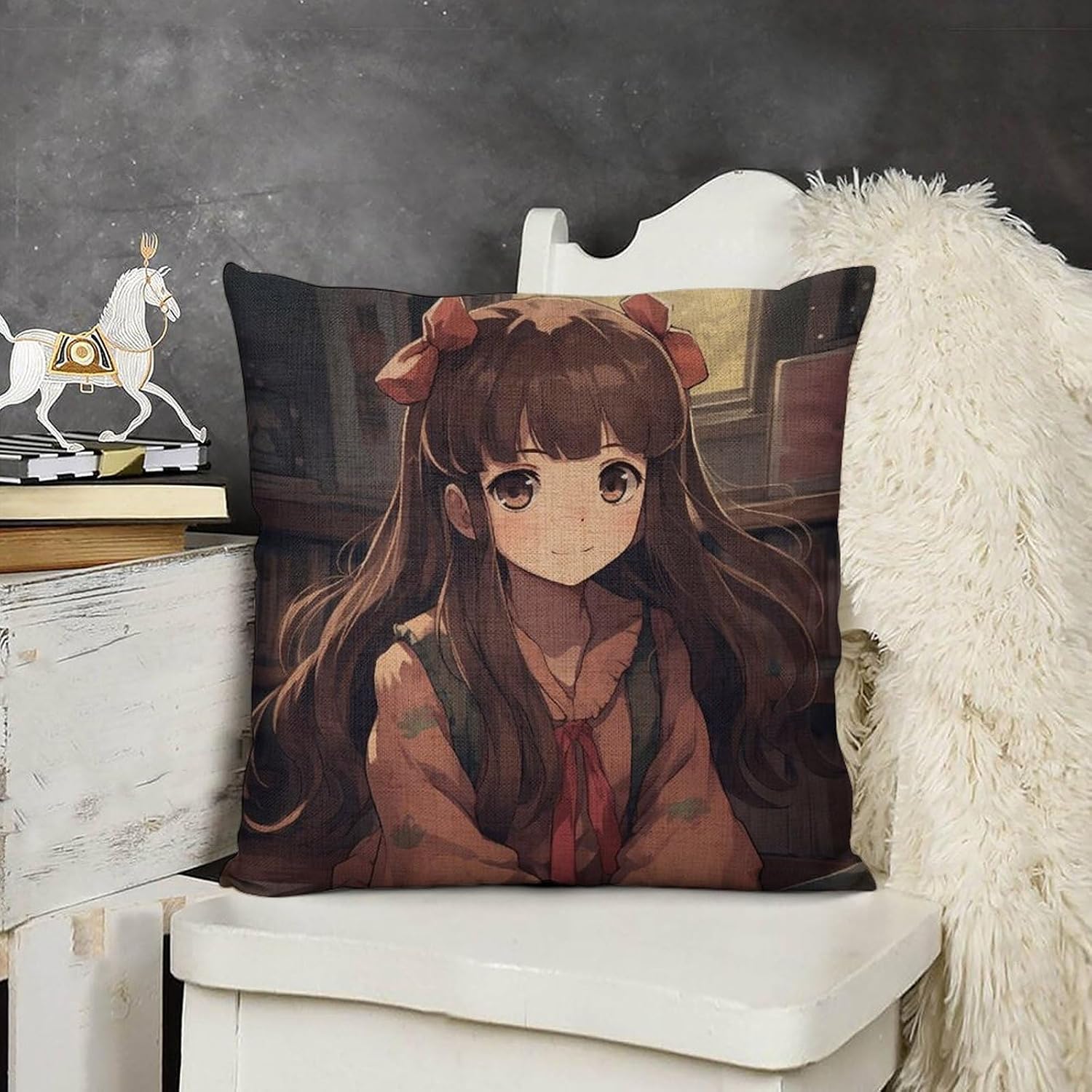 Decorative Little Woman in Anime Linen Pillow Covers 18x18 Throw Pillow Cover with Invisible Zipper Boho Farmhouse Pillows Shams Cushion Case for Bed Sofa Living Room Home Decor (2pcs)