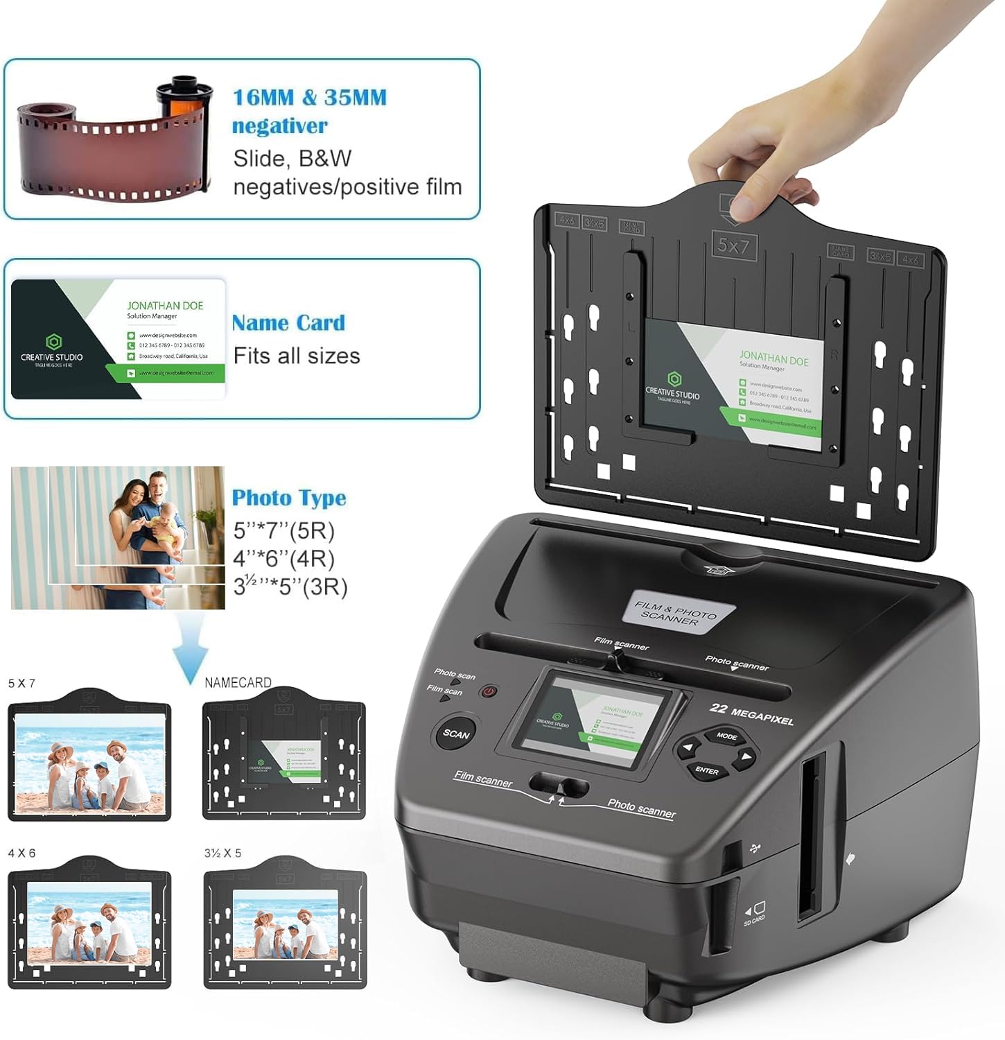 Scanner de film photo LCD 22MP 2,4", Scanner de diapositives et de négatifs - Convertisseur numérique - Transforme les négatifs 35mm/135mm, diapositives et cartes de visite en JPEG numériques