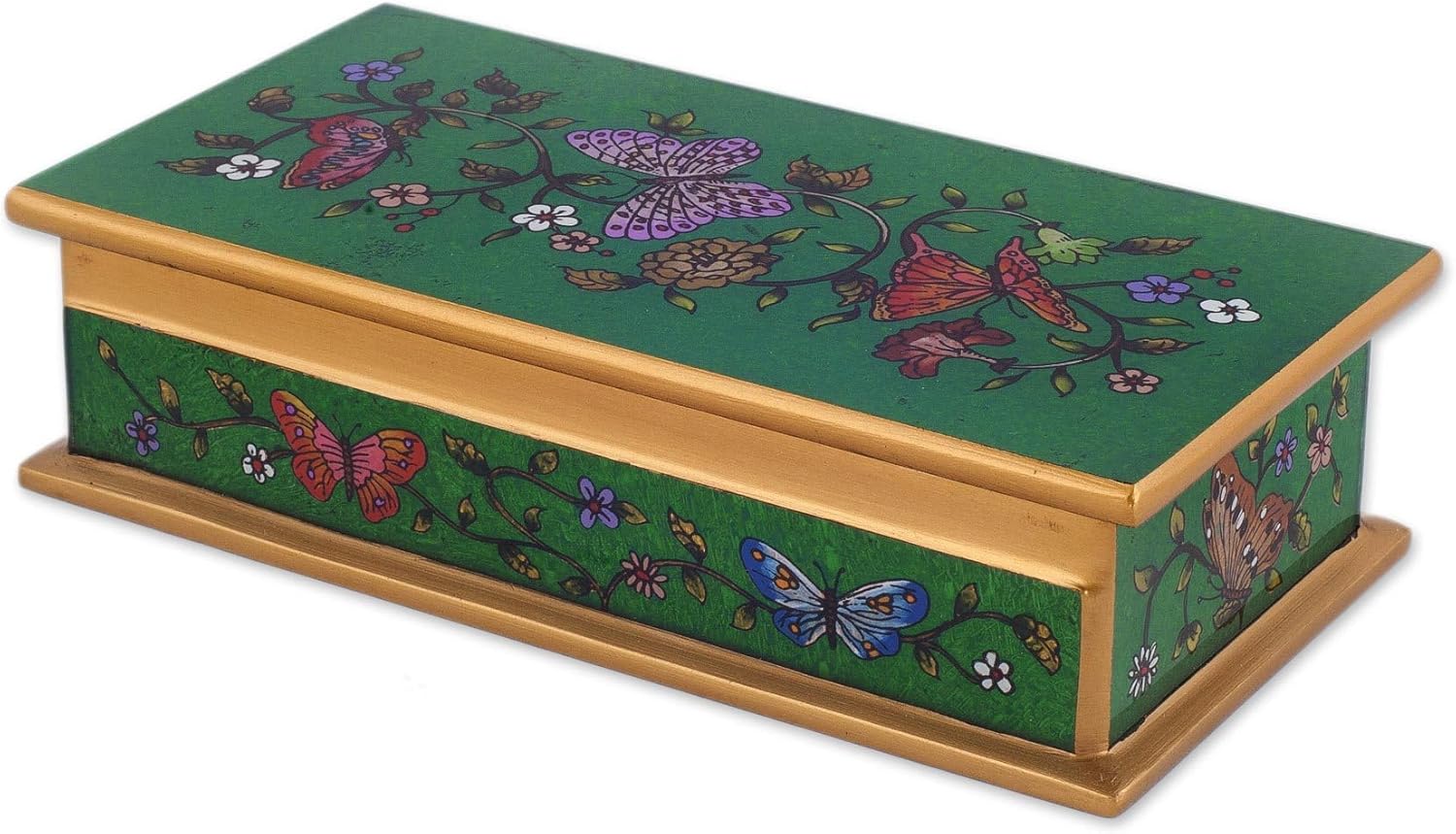 NOVICA Artisan Handmade Reverse Painted Glass Decorative Box Butterfly Emerald Gold Tone Green Wood Peru Accessories Boxes [2in H x 7.75in W x 3.9in D] ' Butterfly Jubilee in Emerald'