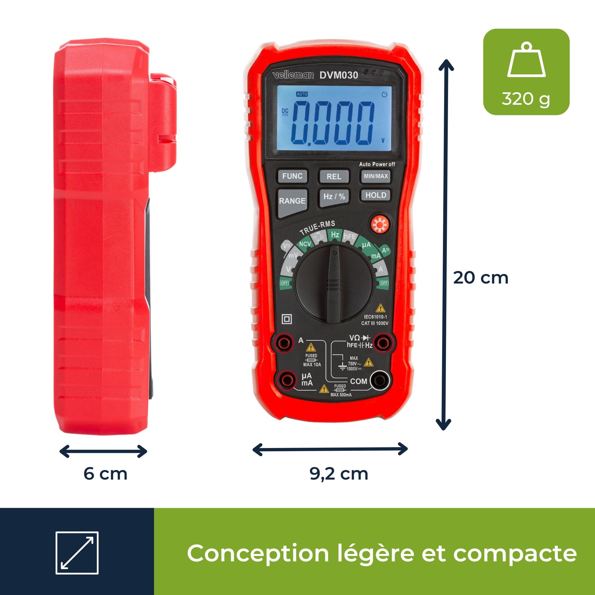 Velleman Multimètre numérique, sans contact, pour la mesure de courant CA/CC, tension CA/CC, résistance, fréquence, capacité, diodes et continuité, avec cordons de mesure, avec maintien des données,