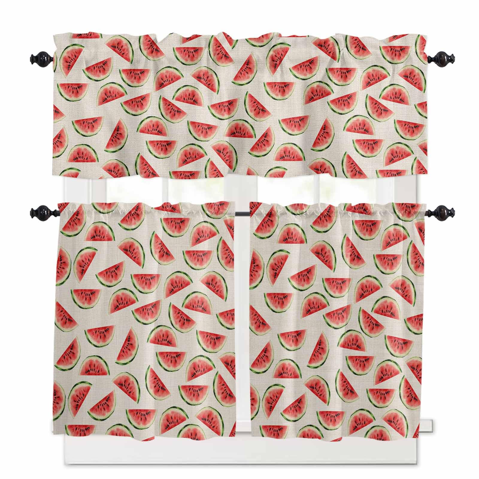 Watermelon Kitchen Curtains 36 Inch Length,3 Piece Rod Pocket Small Half Tiers and Valance Set,Summer Red Fruit Tropical Country Watercolor Small Large Window Treatment Decor for Bedroom/Bathroom