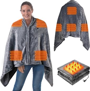 KOCASO USB Heated Blanket,Electric Heated Blanket Portable Heated Blanket Poncho 3 Heating Setting Shawl Wrap Throw with Zipper Washable for Home Office,59x31in,Grey