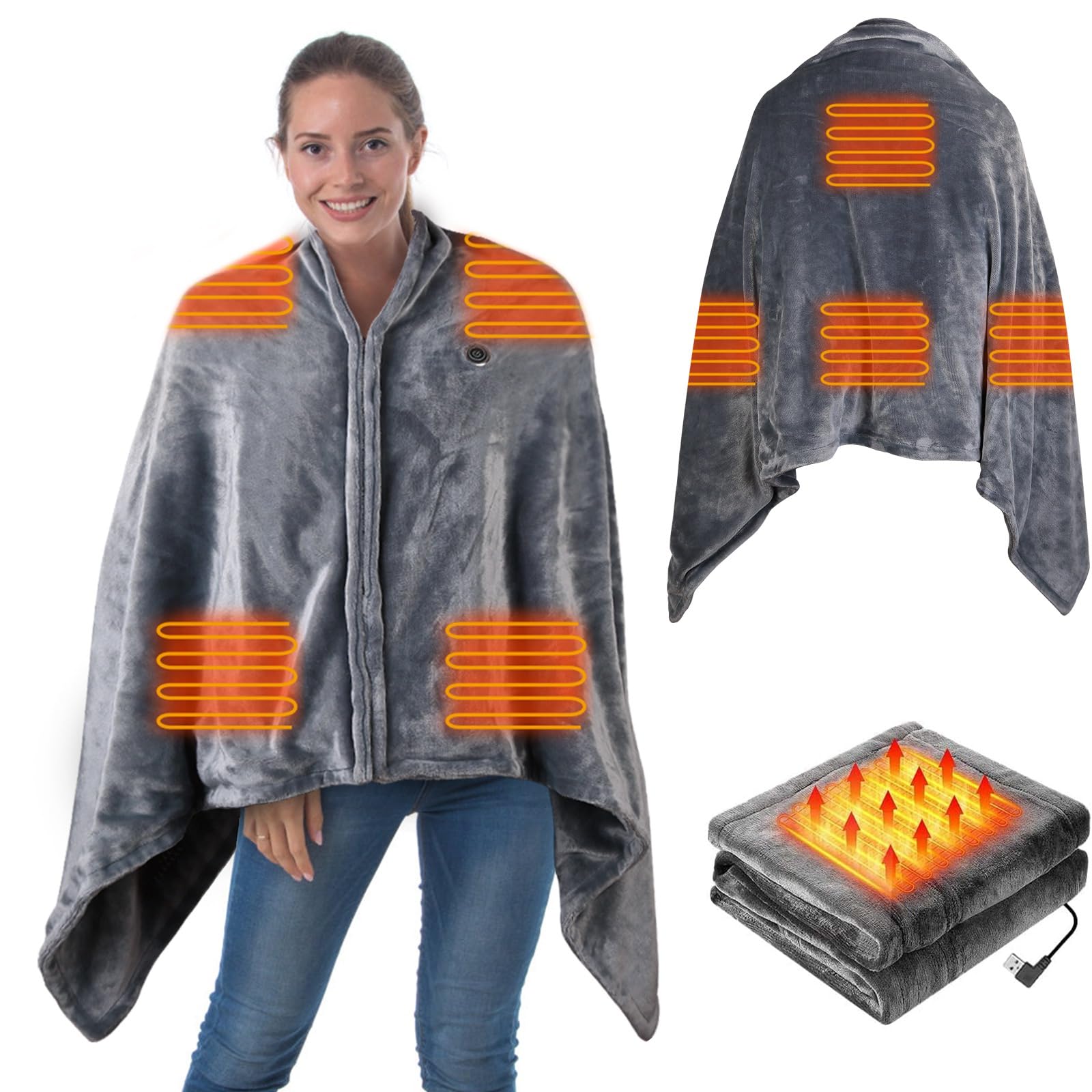 KOCASO USB Heated Blanket,Electric Heated Blanket Portable Heated Blanket Poncho 3 Heating Setting Shawl Wrap Throw with Zipper Washable for Home Office,59x31in,Grey