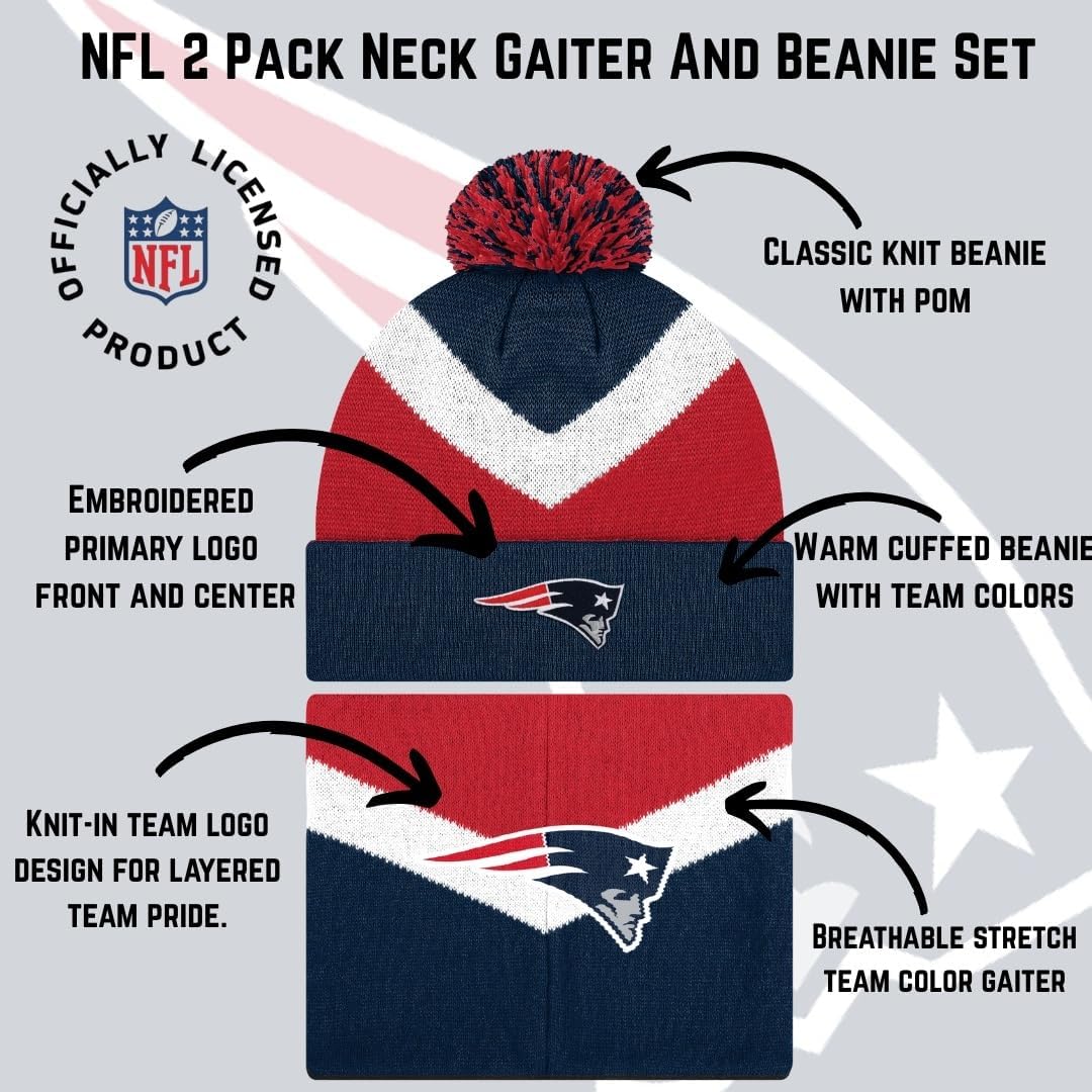 FOCO NFL Unisex-Adult Officially Licensed Primary Logo Team Color 2 Pack Neck Warmer Gaiter and Cuffed Knit Beanie Hat Set