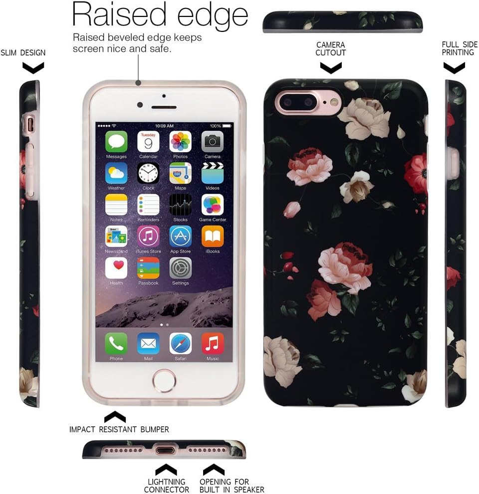 NASOUSA iPhone 7 Plus for Girls,Floral case,IMD Printing Slim-Fit Ultra-Thin Anti-Scratch Shock Proof Dust Proof Anti-Finger Print TPU Case for iPhone 8 Plus(5.5 inch)(Black Rose)