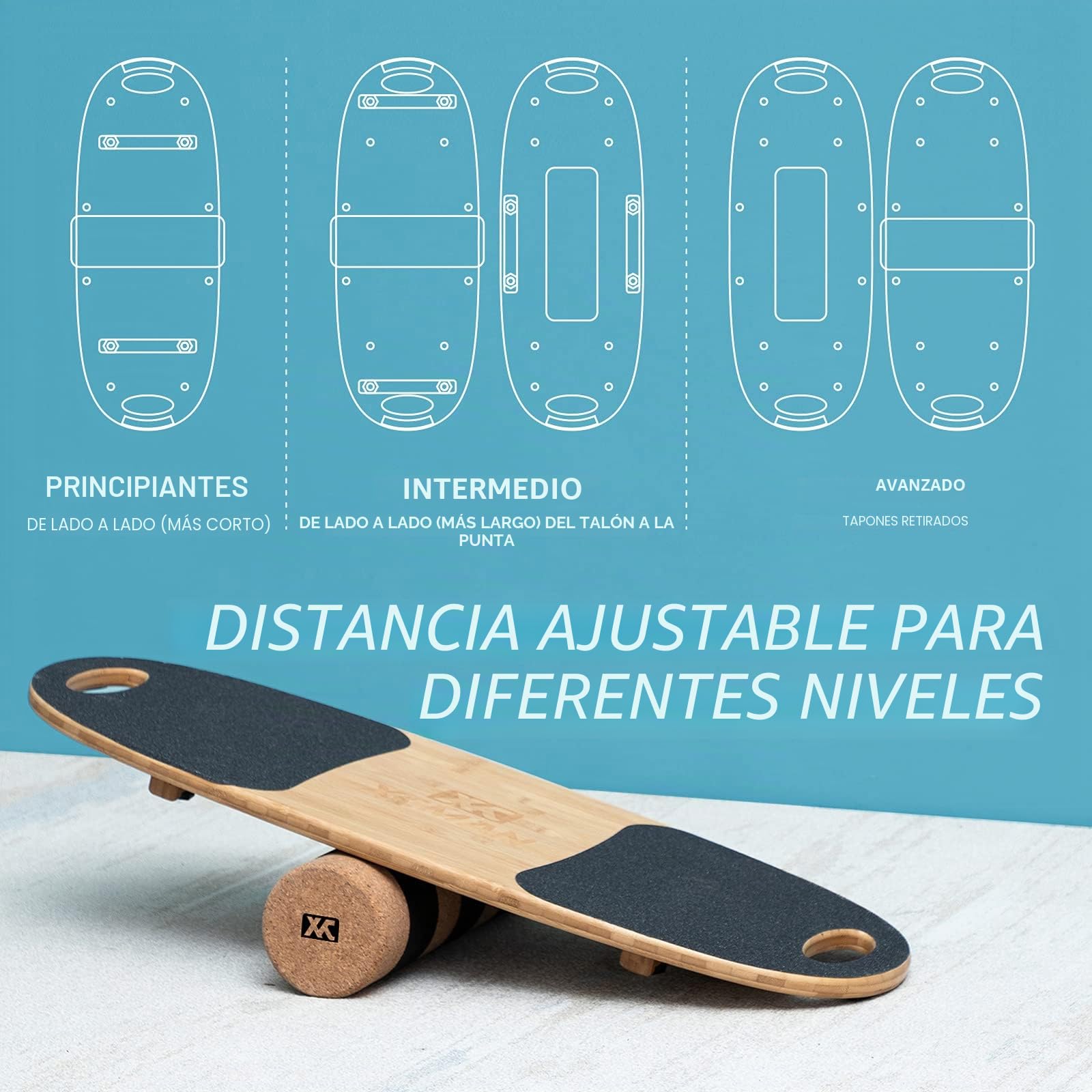 XCMAN Tabla de equilibrio de bambú con tapones ajustables, 3 opciones de distancia diferentes, tabla de equilibrio para surf, snowboard, esquí, patinaje, entrenamiento de yoga