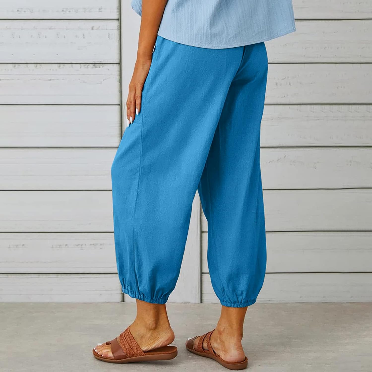 ZOCAVIA Women's Cotton Linen Capri Pants Lightweight Summer Pants Loose Fit High Waist Drawstring Ankle Trousers with Pockets