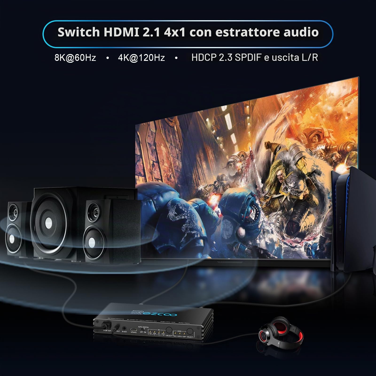 4K @ 120Hz HDMI 2.1 Switch 4x1 USB C DP1.4 4 porte Switcher con estrattore audio (ottico e 3,5 mm out) VRR ALLM HDCP 2.3 HDR Dolby Vision/Atmos Audio ottico per PS5, Xbox, giochi, telecomando IR