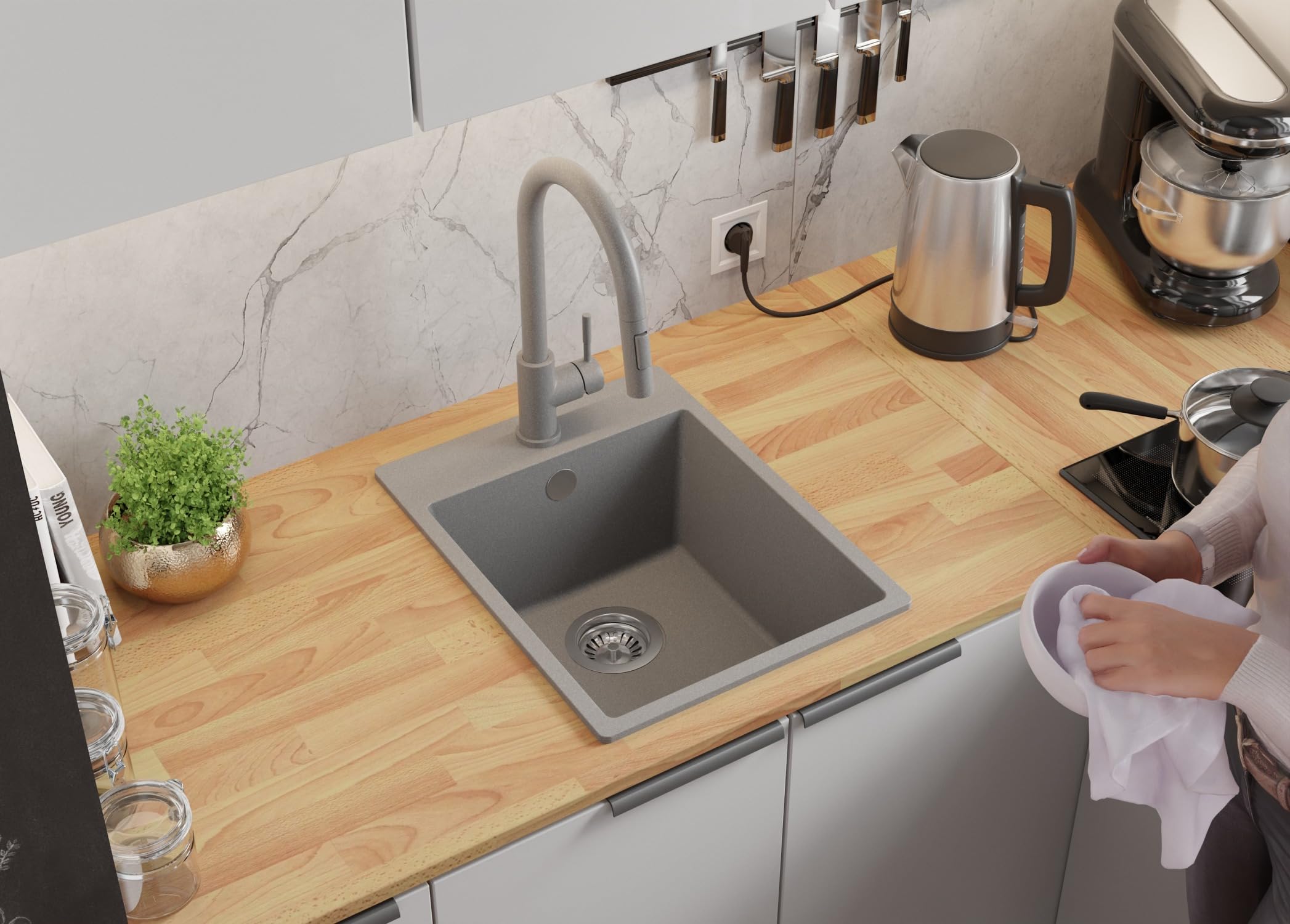 PRIMAGRAN Granitspüle Grau - Riga, 38x50cm | Spülbecken 1 Becken + Küchenarmatur 32x20cm + Zuberhor-Set, Küchenspüle ab 40er Unterschrank (S049)