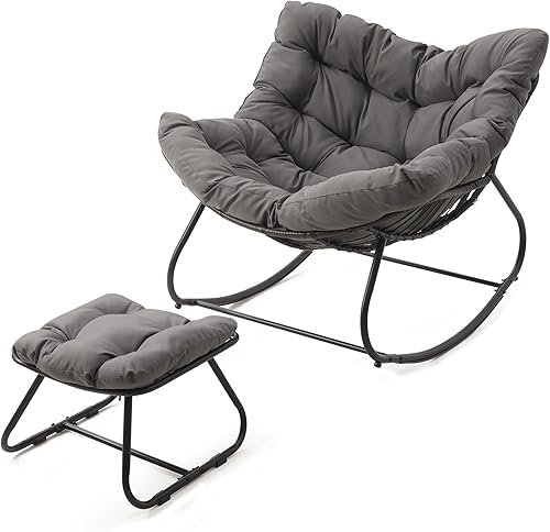 Miniatura 8 de Wisteria Lane Mecedora de patio con otomana, silla mecedora de huevos para interiores y exteriores con cojines, silla Papasan de metal de gran