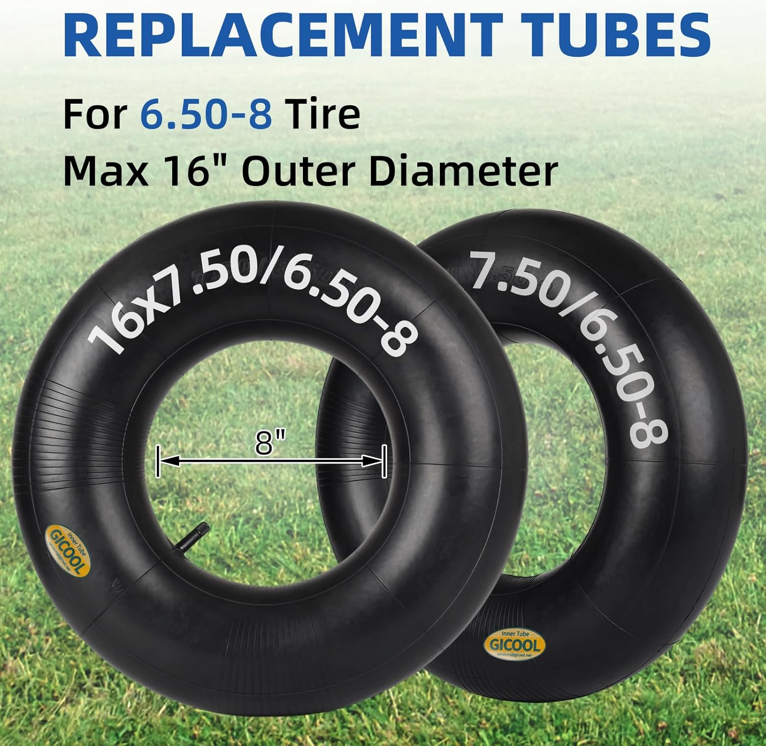 gicool 16x6.50-8, 16x7.50-8 inner tube, 2 pack with tr-13 valve stem, heavy duty, for mower tractor golf cart garden trailer and more 16x6.50-8 (2 pack?