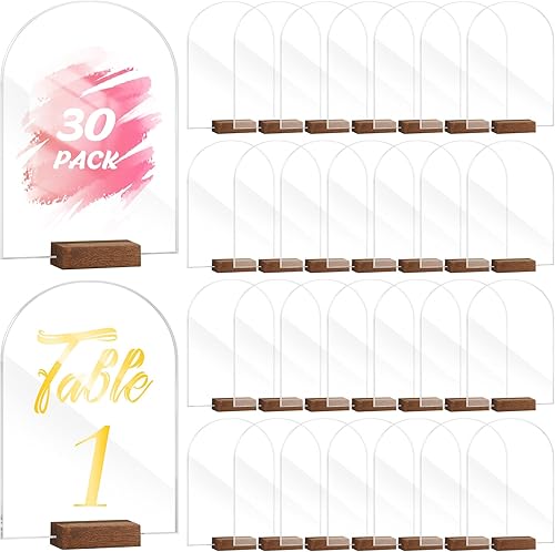 Unittype Juego de 30 carteles acrílicos de arco transparente de 4 x 6 pulgadas con soporte de base de madera, parte superior redonda en blanco,