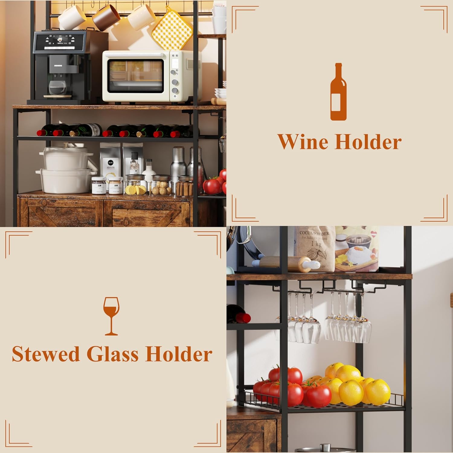 67 in Tall Bakers Rack with Power Outlet & LED Light, Coffee Bar Cabinet with 2 Cabinets, 47.2 in Kitchen Microwave Stand with Shelves Glass Holder and Wine Basket, Mesh Shelves Drainage net
