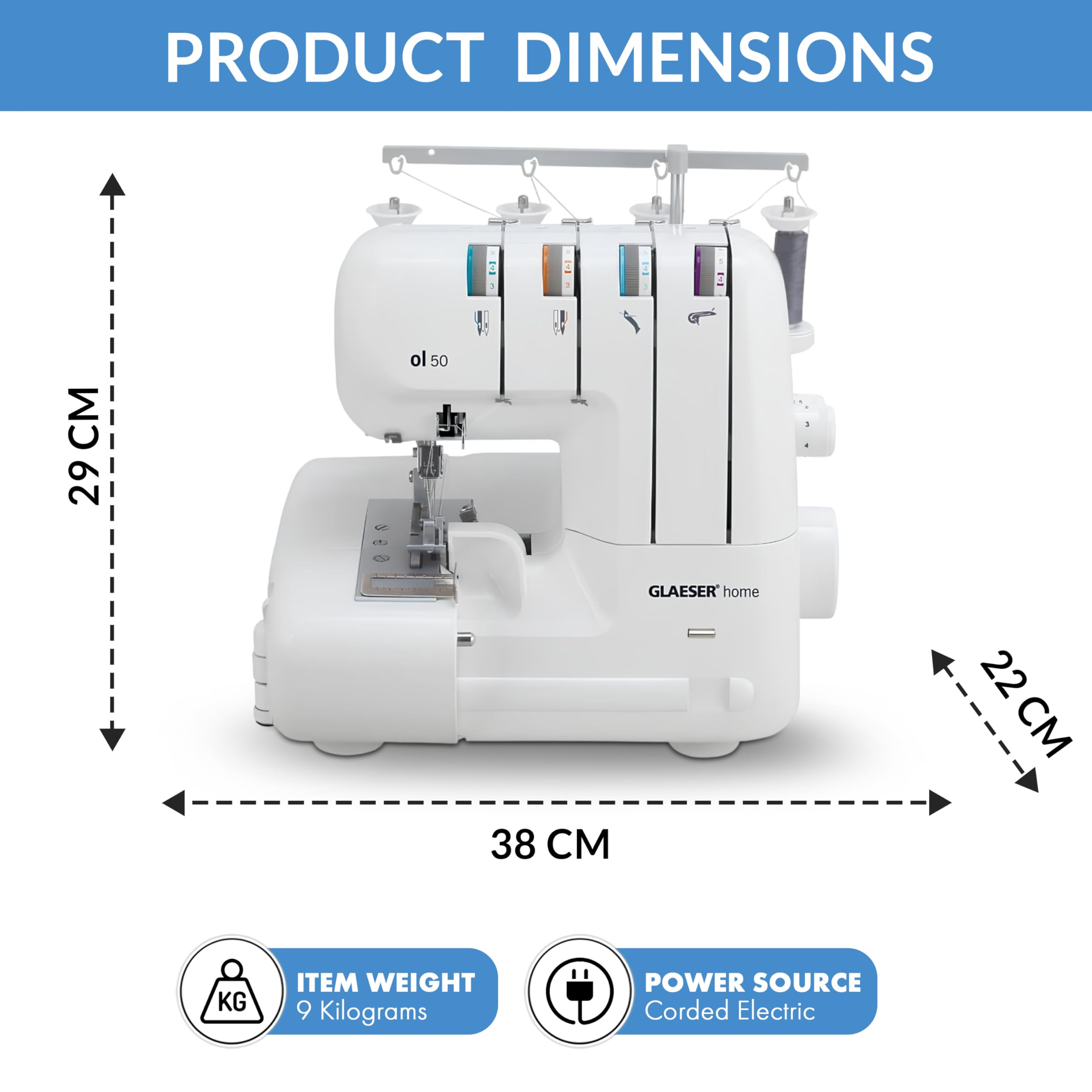 GLAESERhome | Overlock Nähmaschine ol 50 | Näht u. Schneidet in einem Arbeitsschritt | Overlock Maschine mit Einstellbarer Stichlänge | Einfach Handhabung