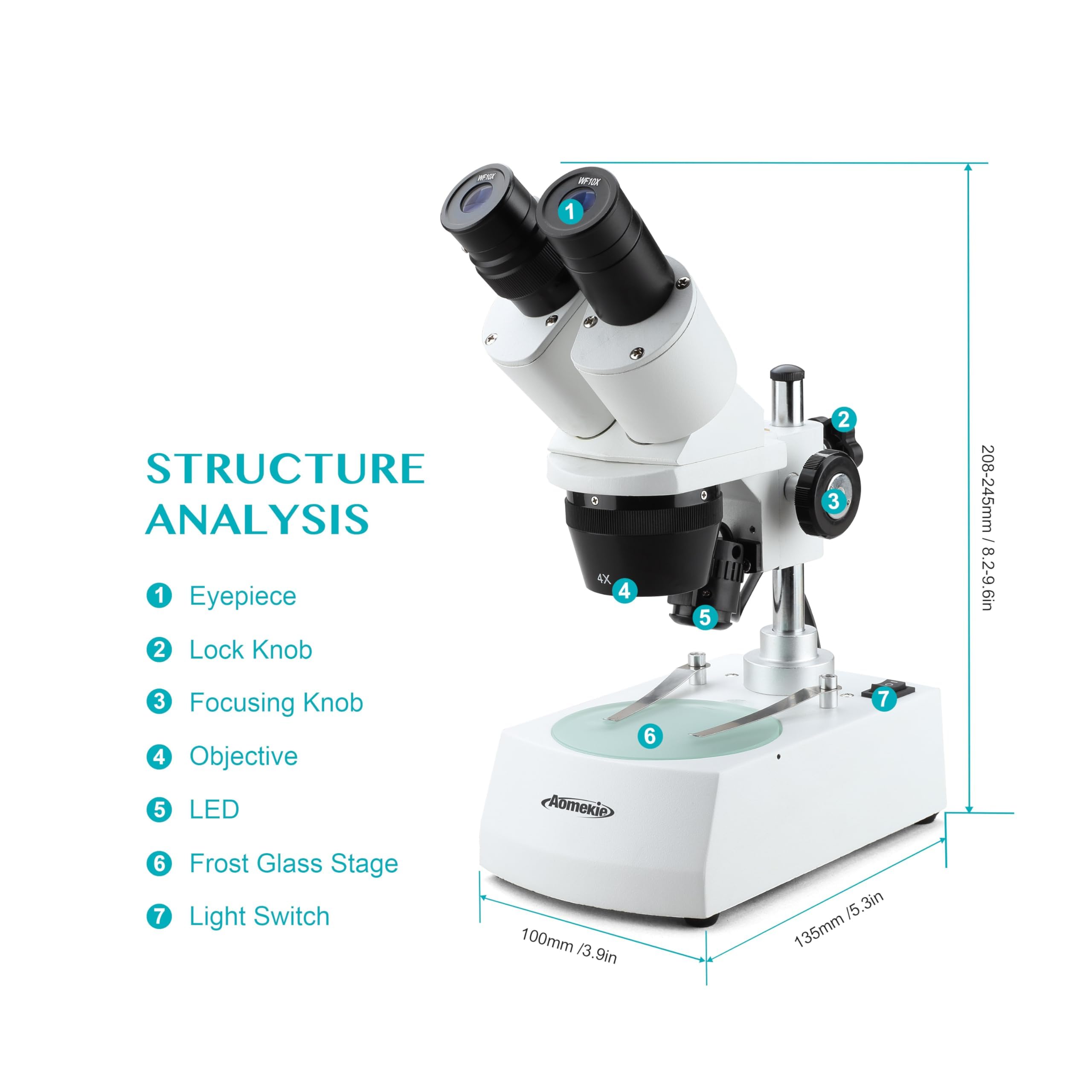 AOMEKIE Stereo Microscopio 20X/40X/80X Binoculare a Montaggio Frontale Oculari WF10X e WF20X, Obiettivi 2X e 4X Illuminazione LED Superiore e Inferiore Piastra Palcoscenico Reversibile Nero/Bianco.