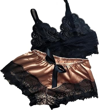 Lingerie Set for Women See Through Sheer Lace Bra Strappy Hollow out Nightwear Floral Embroidered Bralette Silk Panty Stain Shorts Eyelash Lacy Knickers Underwear outfits Set