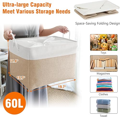 Miniatura 9 de VAN CADENE Contenedores grandes de almacenamiento de ropa, organizadores de armario de lino y almacenamiento con cierre de cordón, cesta de