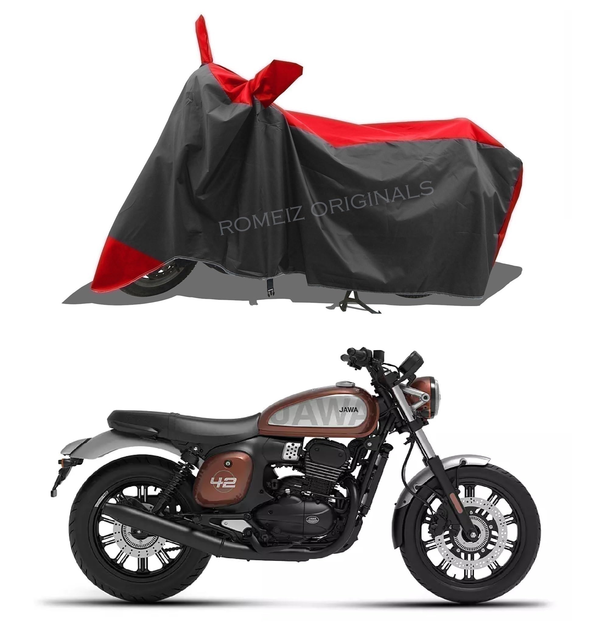 ROMEIZ - Two Wheeler - Bike Cover for Jawa 42 FJ Bike Cover with Water-Resistant and Dust Proof Premium 190T Fabric_Red Stripe-image-5