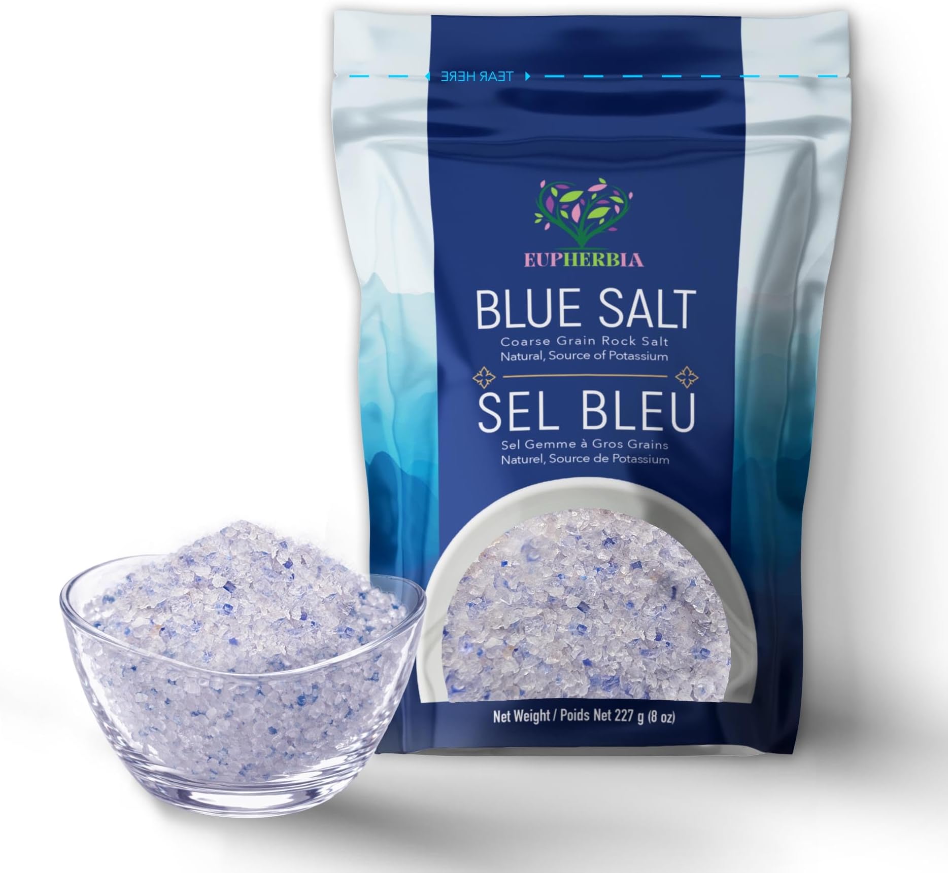 Blue Salt, Coarse, Rare Mineral Salt, High Potassium, Lower Sodium, Natural, Unprocessed, Hand Harvested, Kosher Certified, 227g (8 Oz)