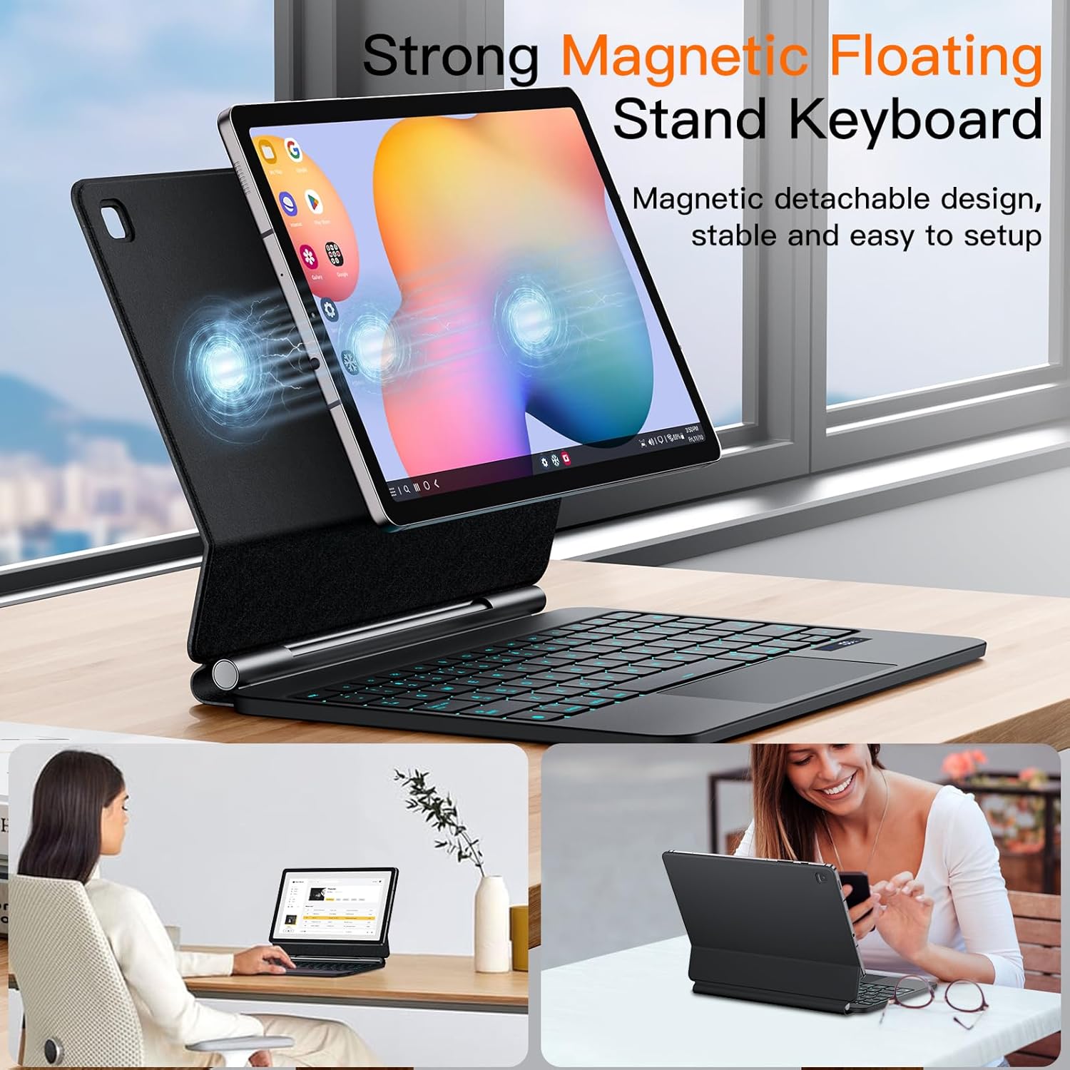 JUQITECH Magic Keyboard Case for Samsung Galaxy Tab S6 Lite 10.4 Inch Magnetic Floating Cantilever Stand Wireless Backlit Multi-Touch Trackpad Keyboard, Battery Display for Tab S6 Lite 2024/2022/2020