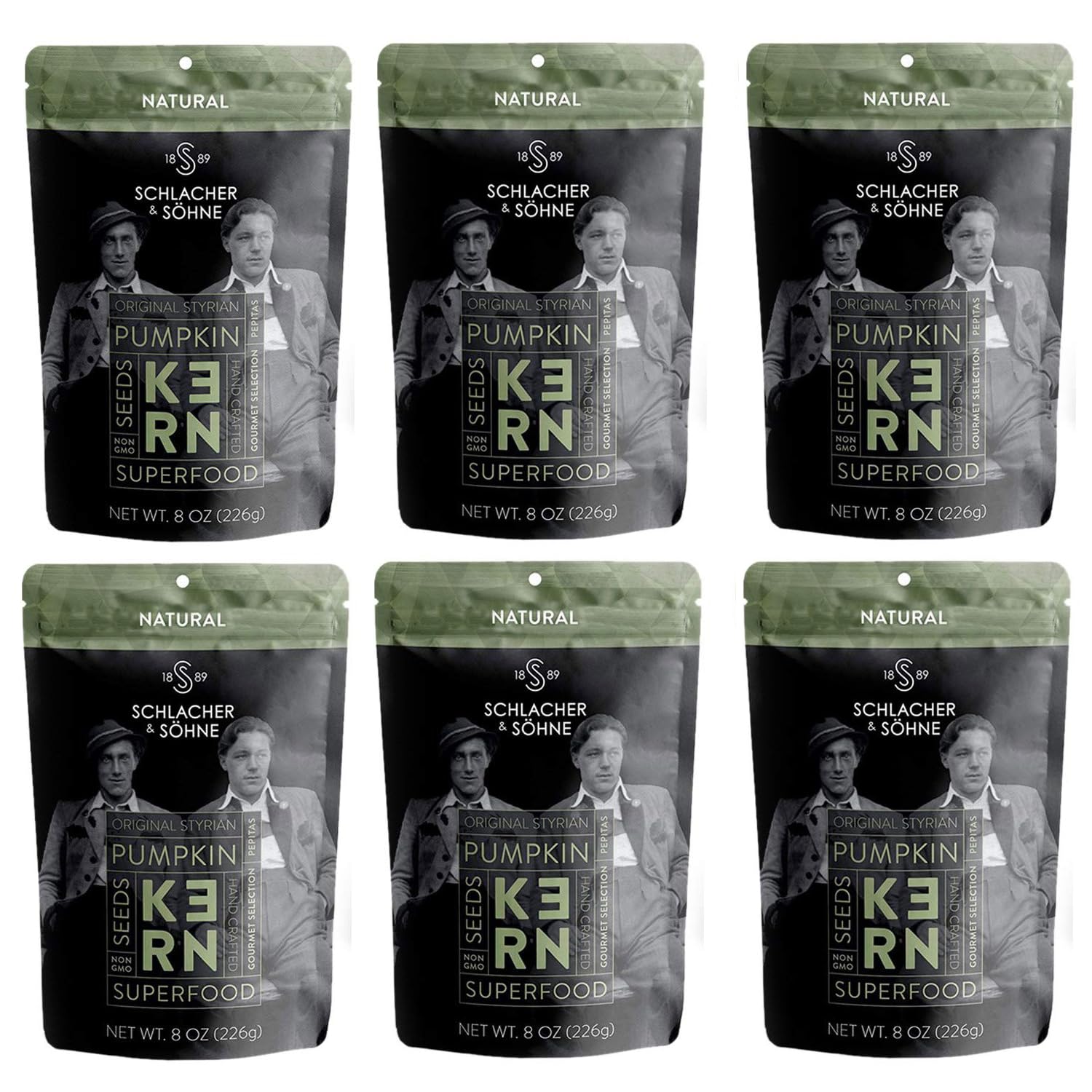 Schlacher & Söhne Styrian Pumpkin Seeds, 100% Pure & Natural, Premium Quality Pepitas, Healthy Snacks, Raw, Fresh Superfood, Unsalted, Full of Proteins, Made in Austria (6 Pack, Natural Seeds)