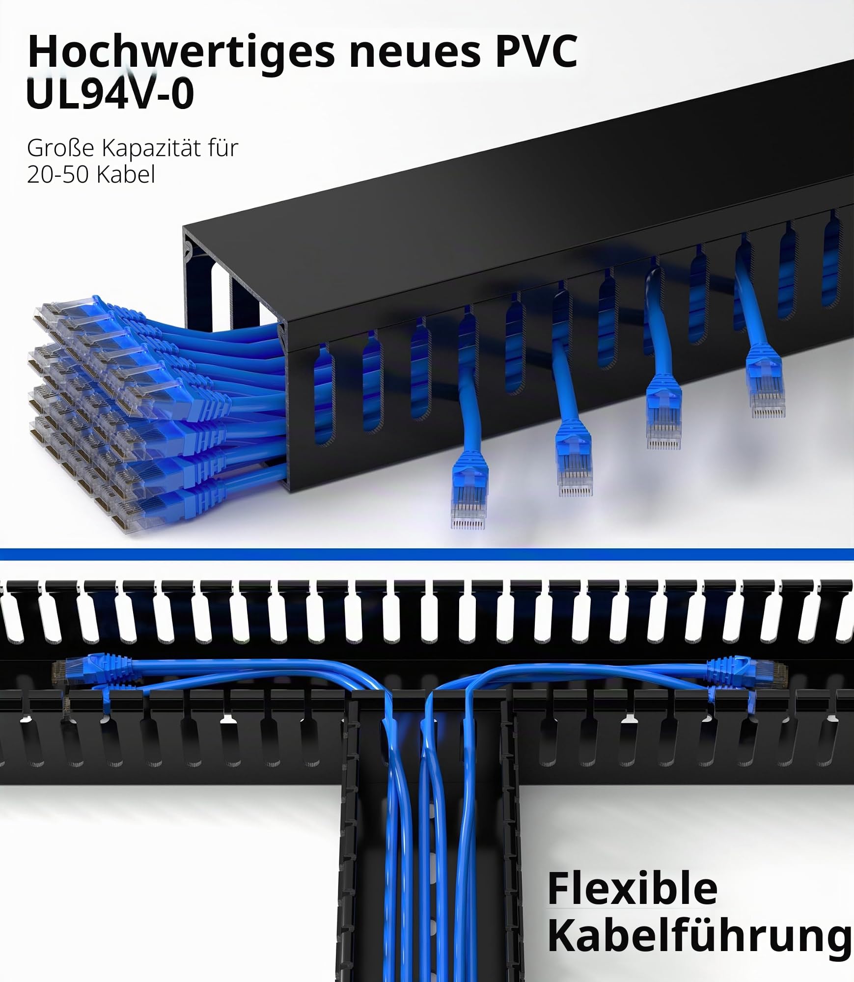 ZhiYo Kabelkanal schwarz 240cm - Serverrack-Set mit 4x60cm Verdrahtungskanal | Sicherer PVC-Kabelkanal H5xB6cm für Schreibtisch/Netzwerk - Offene Kabelrinne mit Stecksystem