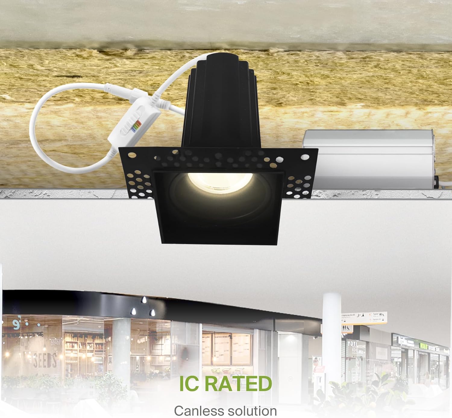 ASD Trimless 2 Inch LED Recessed Lighting, 15W 120V Commercial Square Downlight, Canless Dimmable Lights for Ceiling with J-Box, 5 CCT 2700K-5000K, CRI 90+, IC Rated, ETL, Energy Star, Black