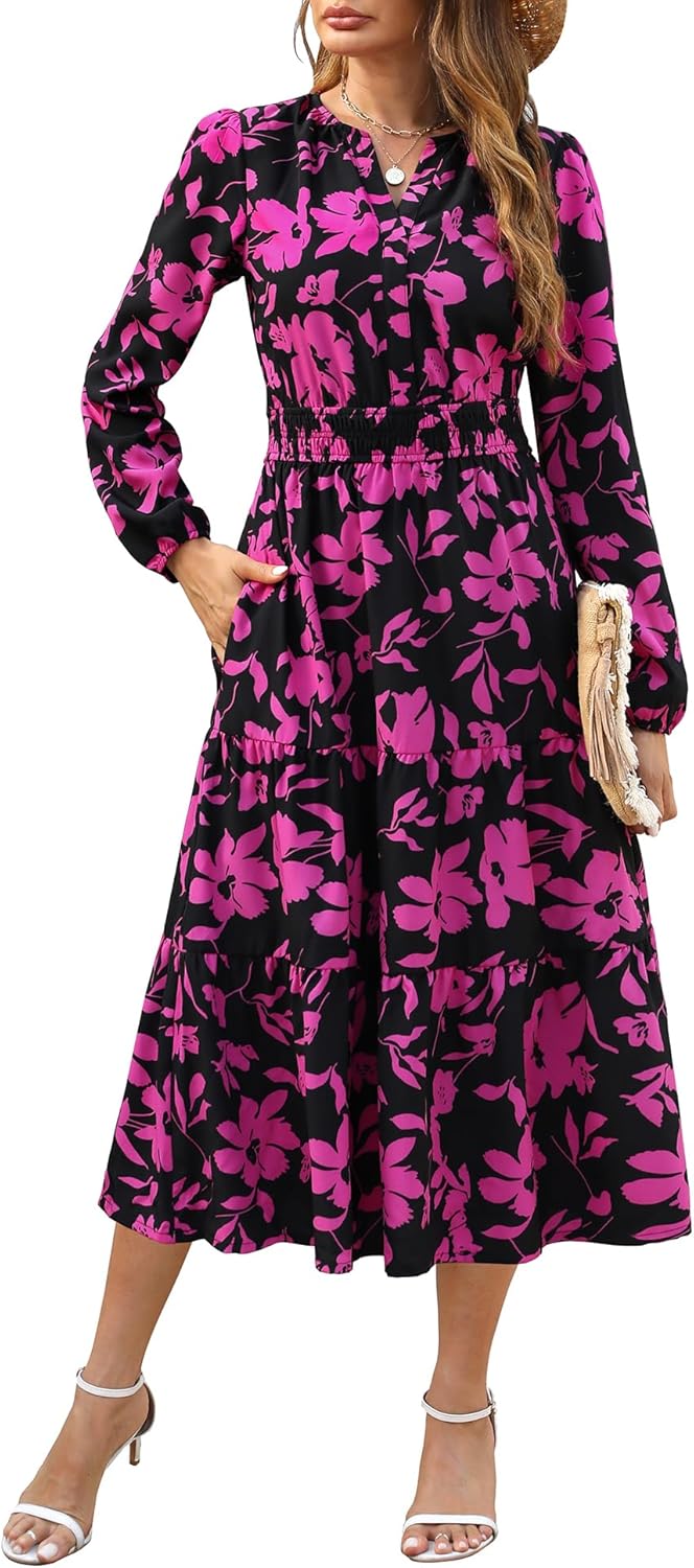 Maggeer Womens 2025 Spring Smocked Waist Midi Dress with Pockets Floral Flowy Wedding Guest A Line Long Sleeve Dress