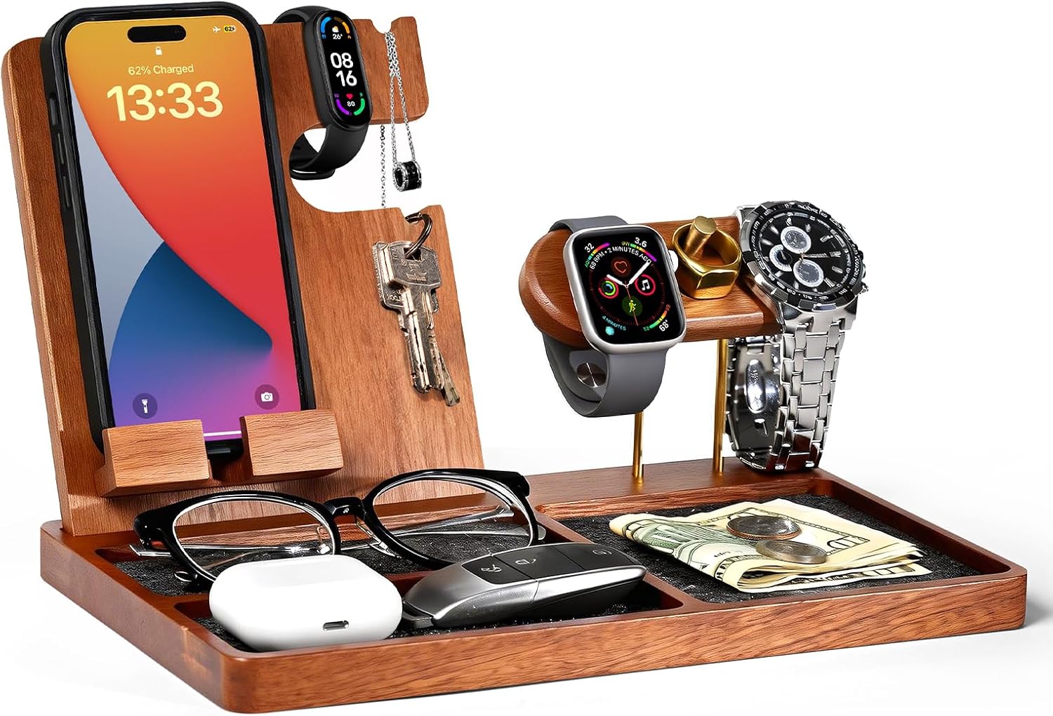 Wood Nightstand Organizer for Men, Gift for Dad Husband, EDC Tray | Solid Wood Construction, Phone & Watch Dock, Key & Wallet Holder, Birthday Anniversary Retirement Gift