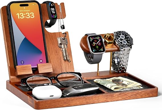 Wood Nightstand Organizer for Men, Gift for Dad Husband, EDC Tray | Solid Wood Construction, Phone & Watch Dock, Key & Wallet Holder, Birthday Anniversary Retirement Gift