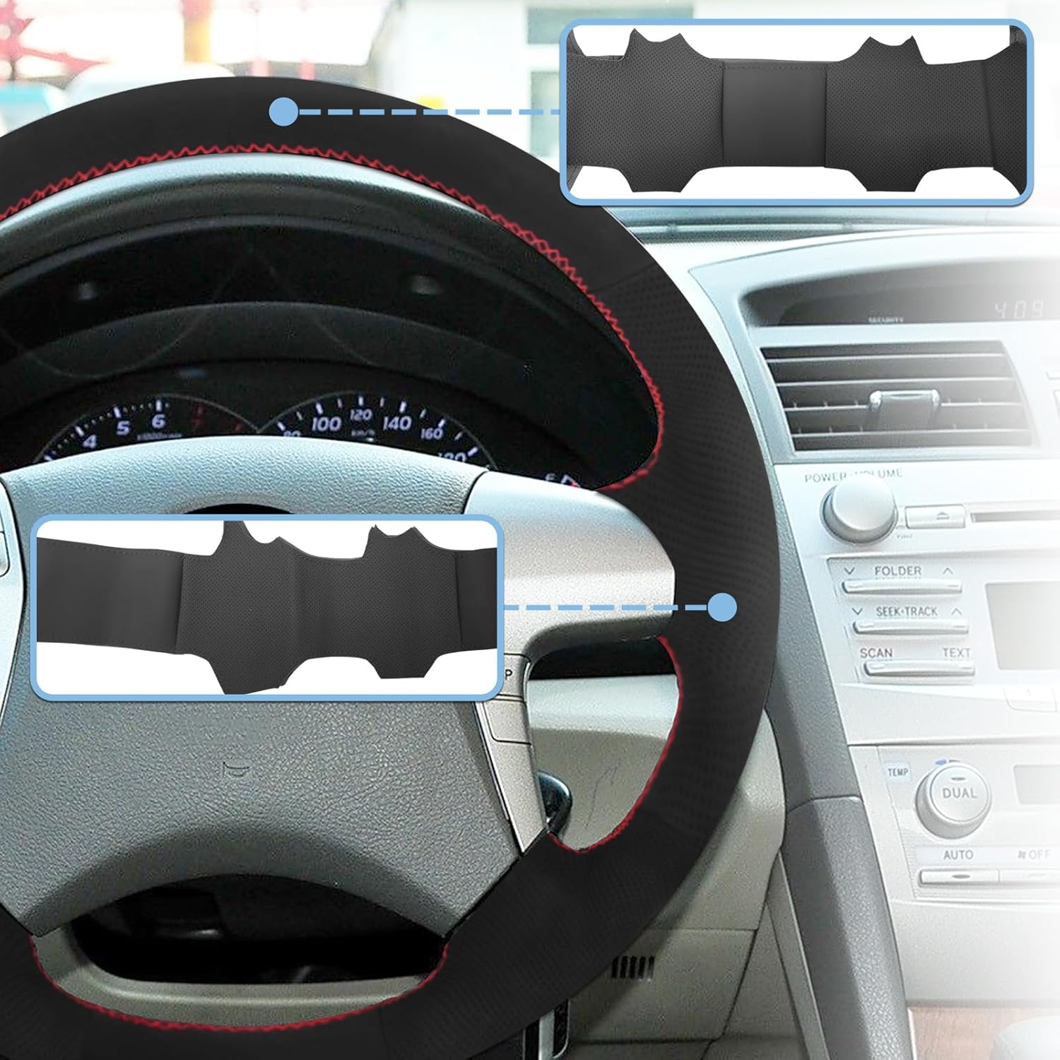 Microfiber Leather Hand Sewn Steering Wheel Cover Compatible with Toyota Camry 2010 Camry XLE 2017 Highlander 2008-2011 Hilux 2012 Hilux Invincible 2014 DIY Steering Wheel Protector On Wrap