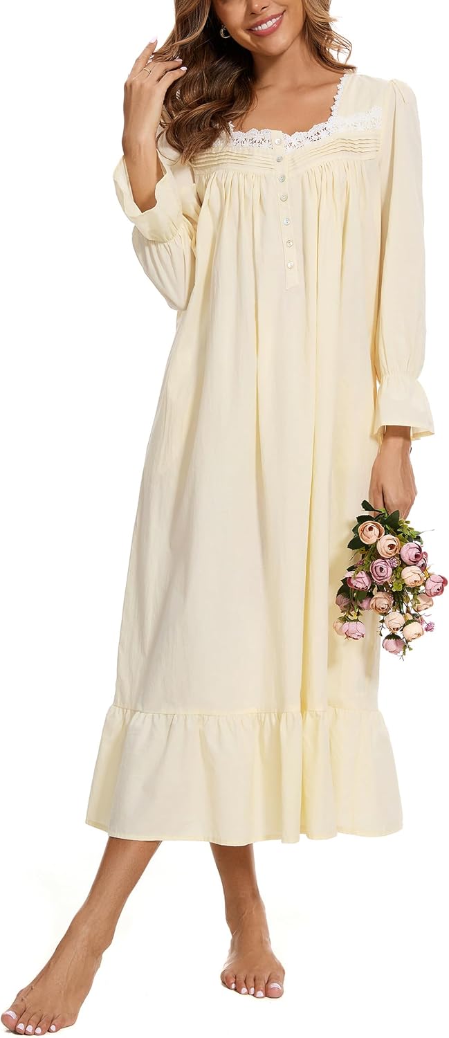 AVIIER 100% Cotton Nightgowns for Women Long Sleeve House Dress Ladies Sleepwear with Pockets