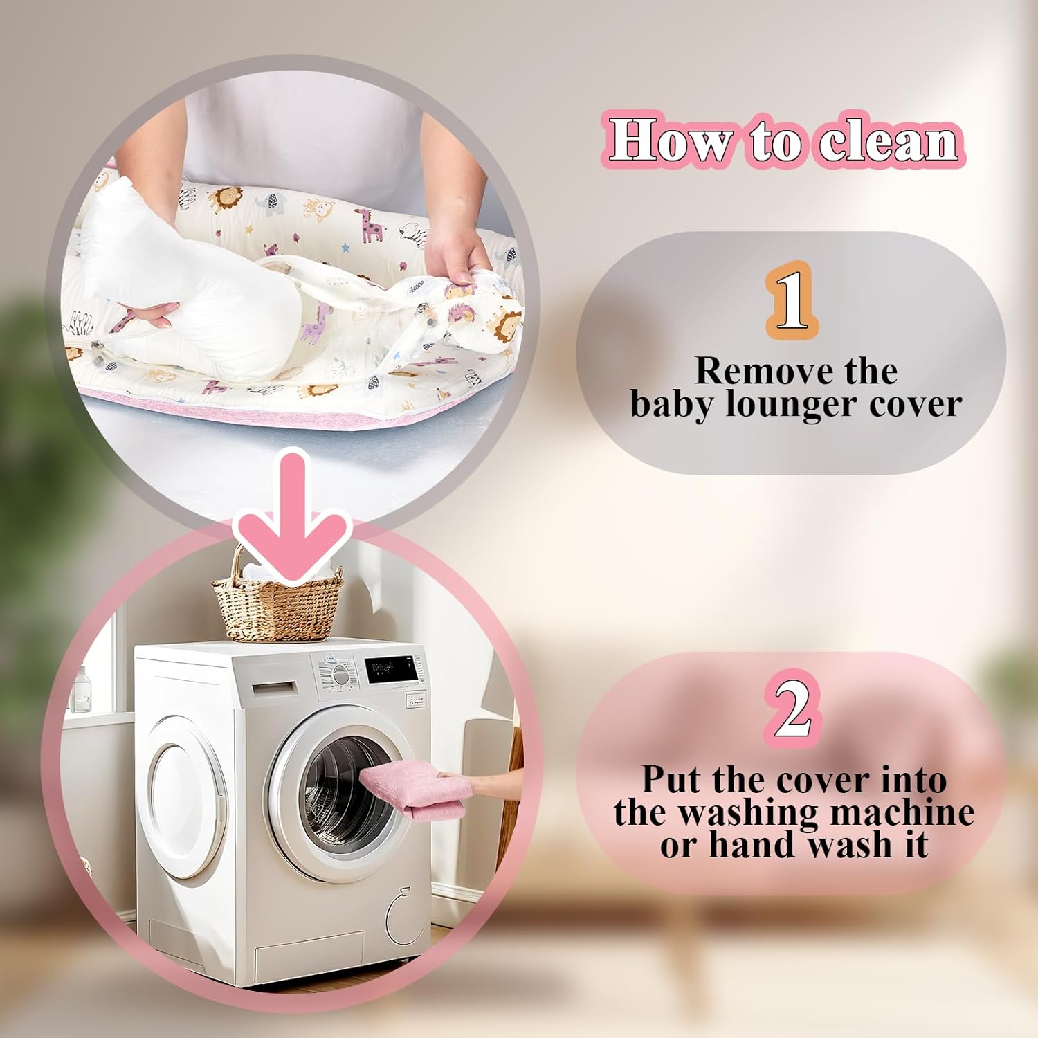 Baby Lounger for Newborn-Portable Baby Lounger 0-24 Months for Home and Travel,Newborn Loungers with Strap, Baby Nest Lounger Adjustable Size,Animal World Pink