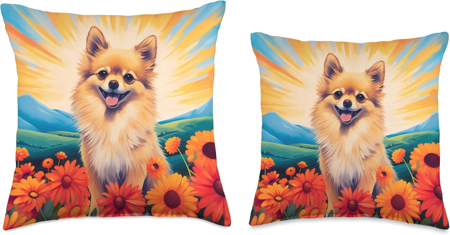 Cute Pomeranian Colorful Flower Mountain Sunset Puppy Dog Throw Pillow