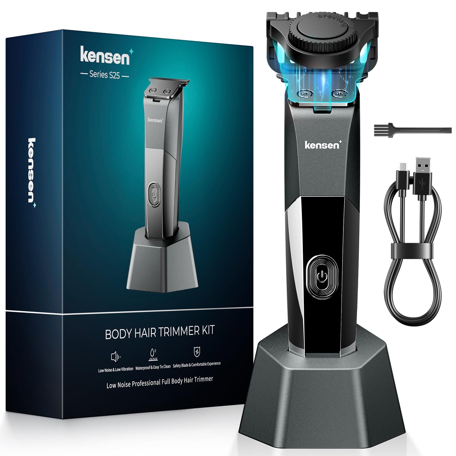 KENSEN Afeitadora Corporal Masculina, Depiladora Corporal Impermeable con Cuchillas de Cerámica y Peine Magnético Ajustable (1-5 mm), Maquina Depilar para Cabeza, Barba, Axilas, Piernas y Genitales