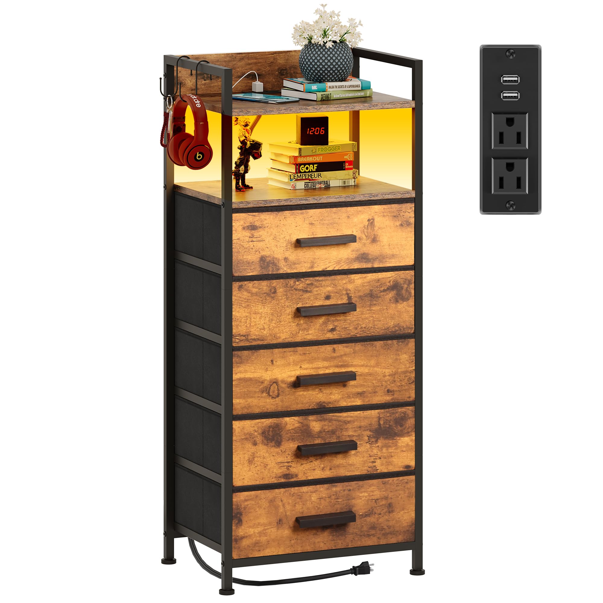 Nightstand 5 Drawer Dresser with Charging Station & LED Lights, Side Table with Fabric Drawers, End Table with Open Shelf with Hooks, Tall Dresser for
