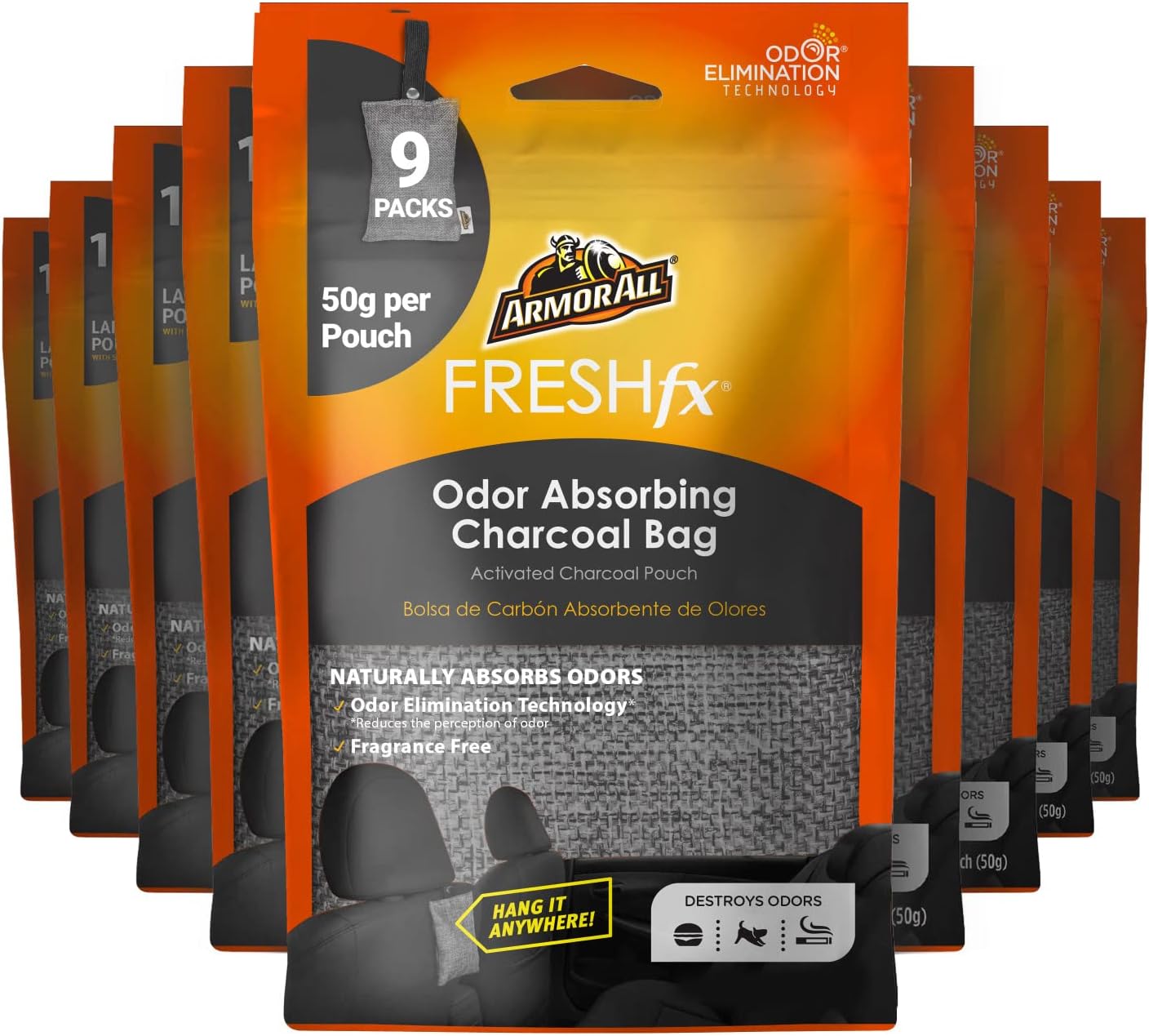 Fresh FX Charcoal Deodorizer Bags by Armor All, Natural Bamboo Car Odor Eliminator, Fragrance Free, 9 Pack