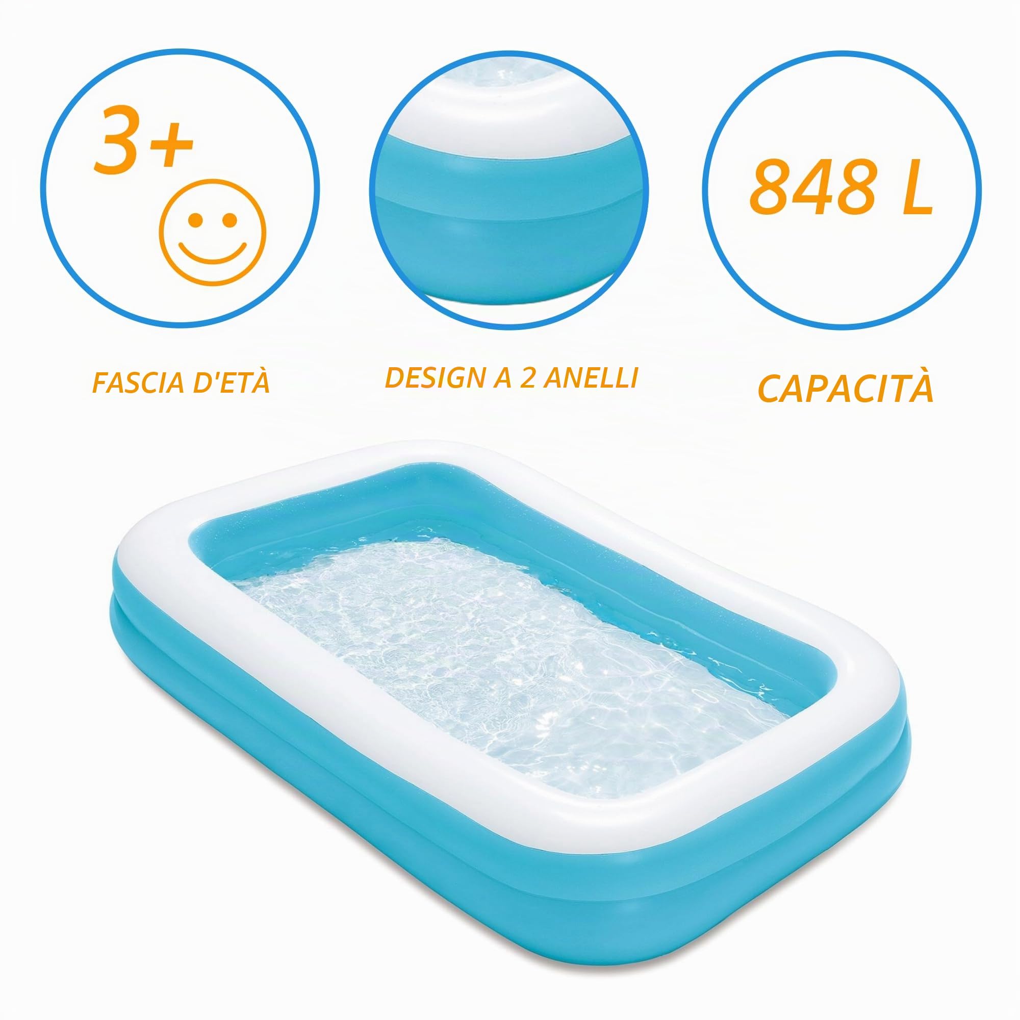 Summer Waves Piscina, Piscina Gonfiabile, Piscina per Famiglie, Piscina da Giardino, Piscina Rettangolare per Bambini, 3,05 M x 1,83 M x 46 CM