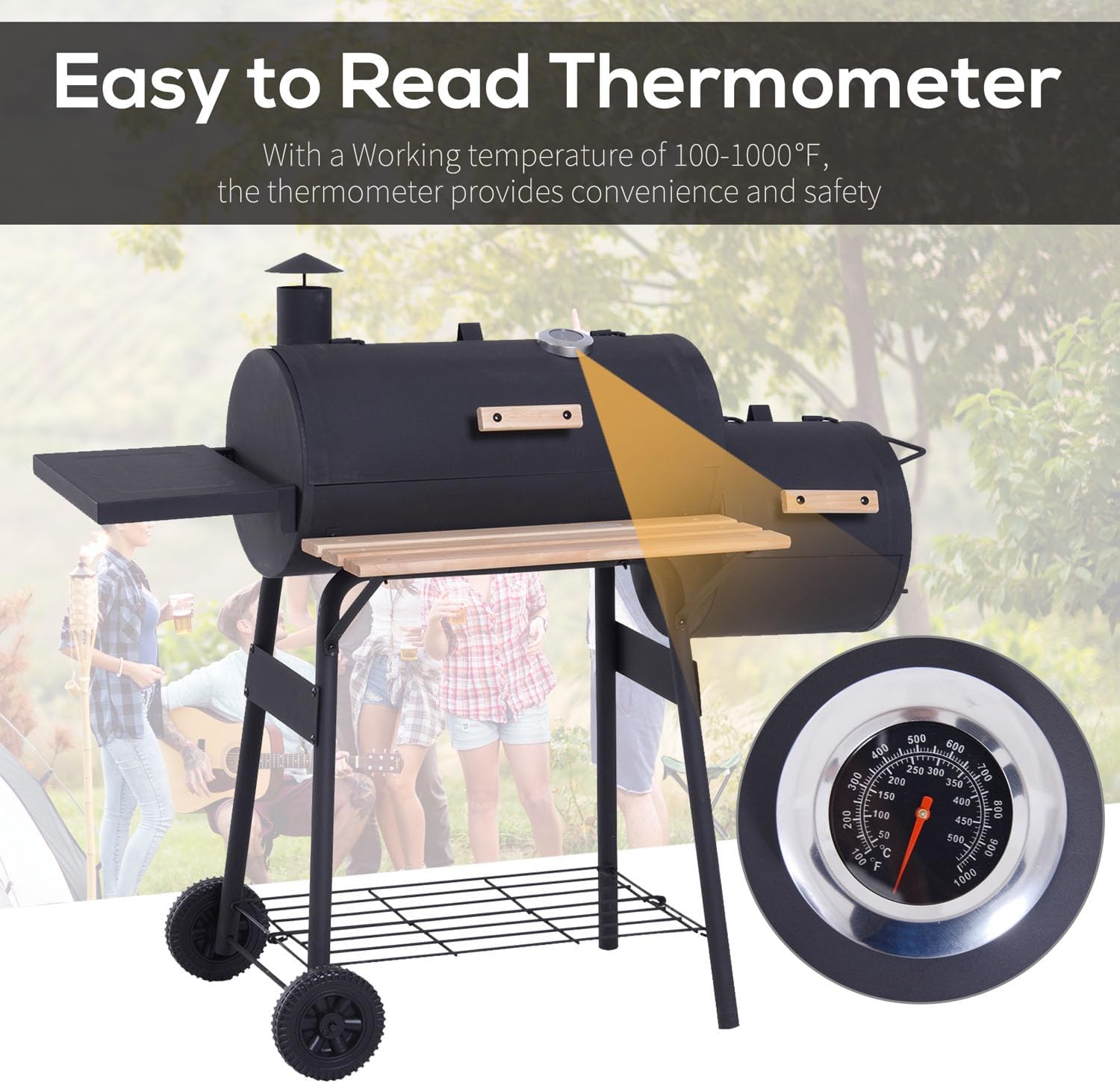 48'' Charcoal Grills with Offset Smoker Grill&Side Table, Barbecue Grill with 811 Sq Inch Cooking Area, Outdoor Grill for Gatherings Camping Picnic