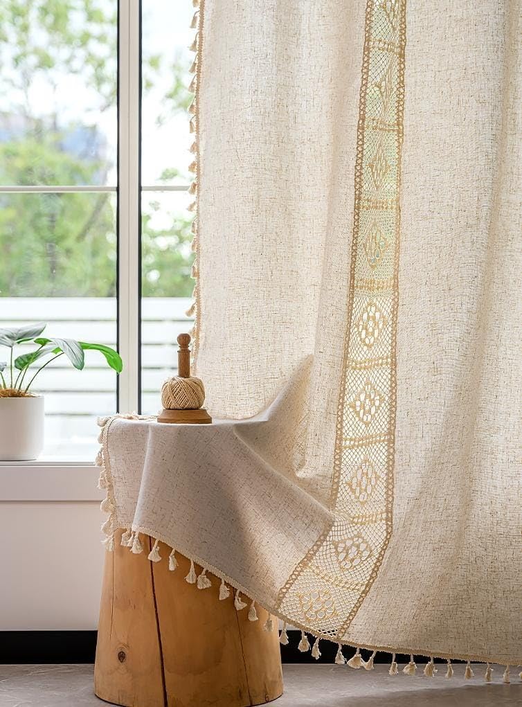 Rideau de Ferme au Crochet, Rideau d'épissure Creux | Rideau Beige Style Boho, semi-occultant, for chambre à coucher et salon(150*120cm)