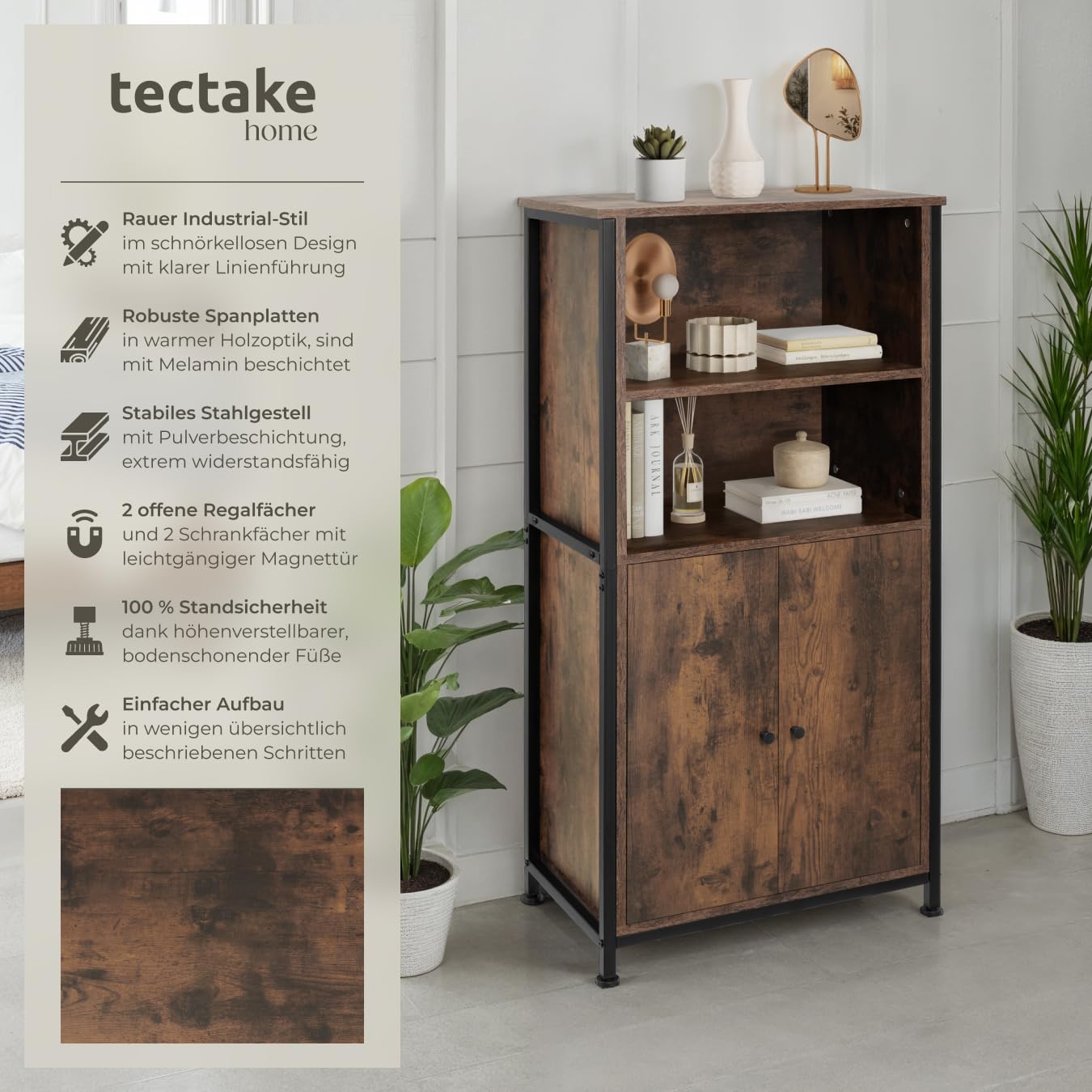 tectake® Industrial Highboard, Kommode mit offenen Fächern und Schrankfach, Sideboard, Flur Möbel, Wohnzimmerschrank, Bücherschrank, schmaler Schrank Schlafzimmer (Industrial Dunkelbraun)