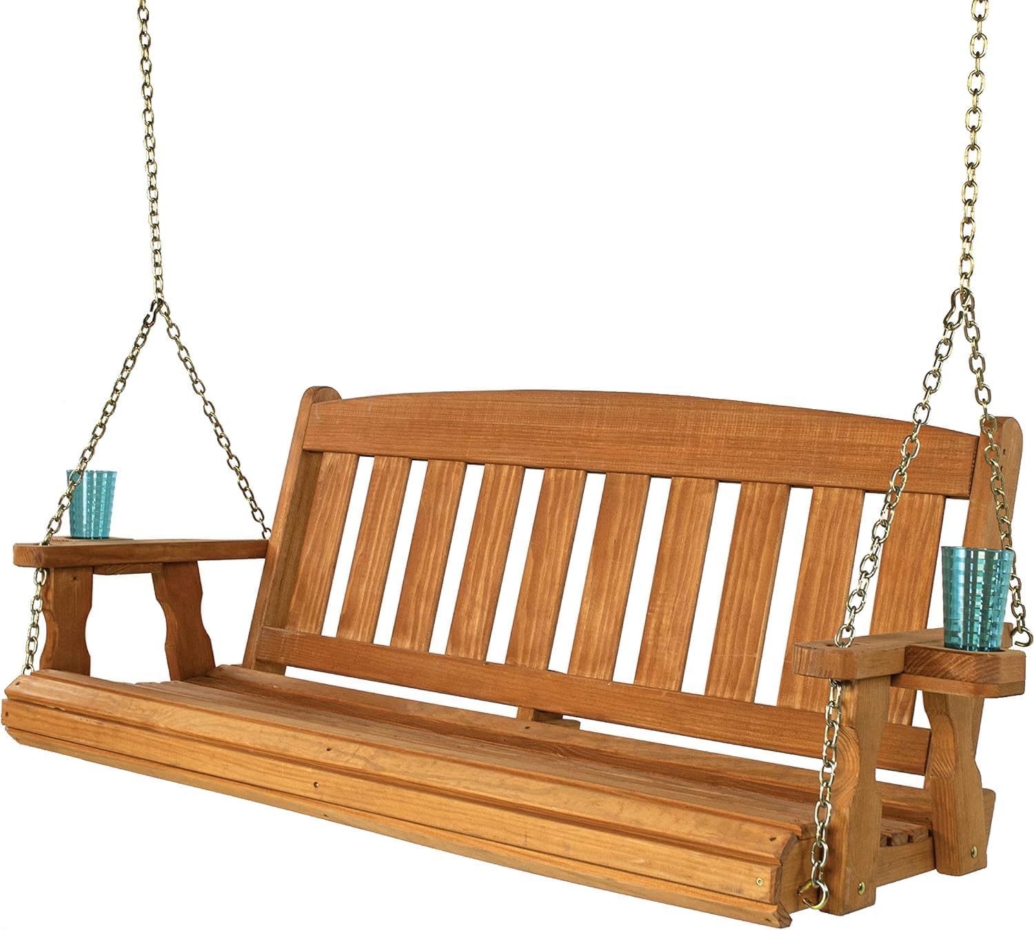 Amish Casual Heavy Duty 800 Lb Mission Treated Porch Swing with Hanging Chains and Cupholders (4 Foot, Cedar Stain)