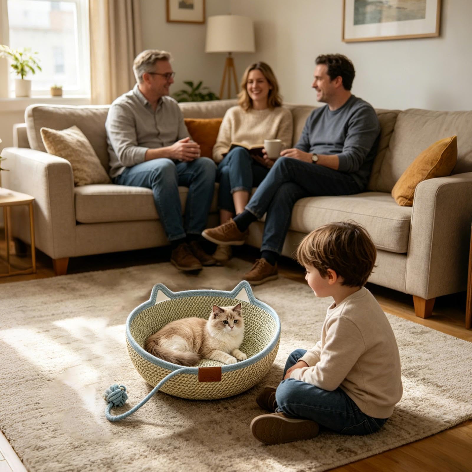 Cama Cesta de Cuerda de Algodón Tejida a Mano con Cola de Juguete | Cama para gato pequeño para Todas las Estaciones Gatito Animal Viaje y Enriquecimiento para Mascotas