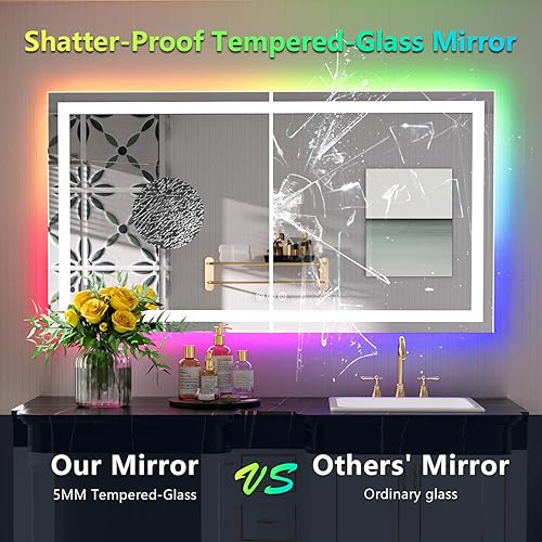 Miniatura 6 de Espejo de baño LED RGB de 55 x 30 pulgadas, luz frontal y retroiluminado RGB, espejo de tocador para baño, montado en la pared, regulable, anti