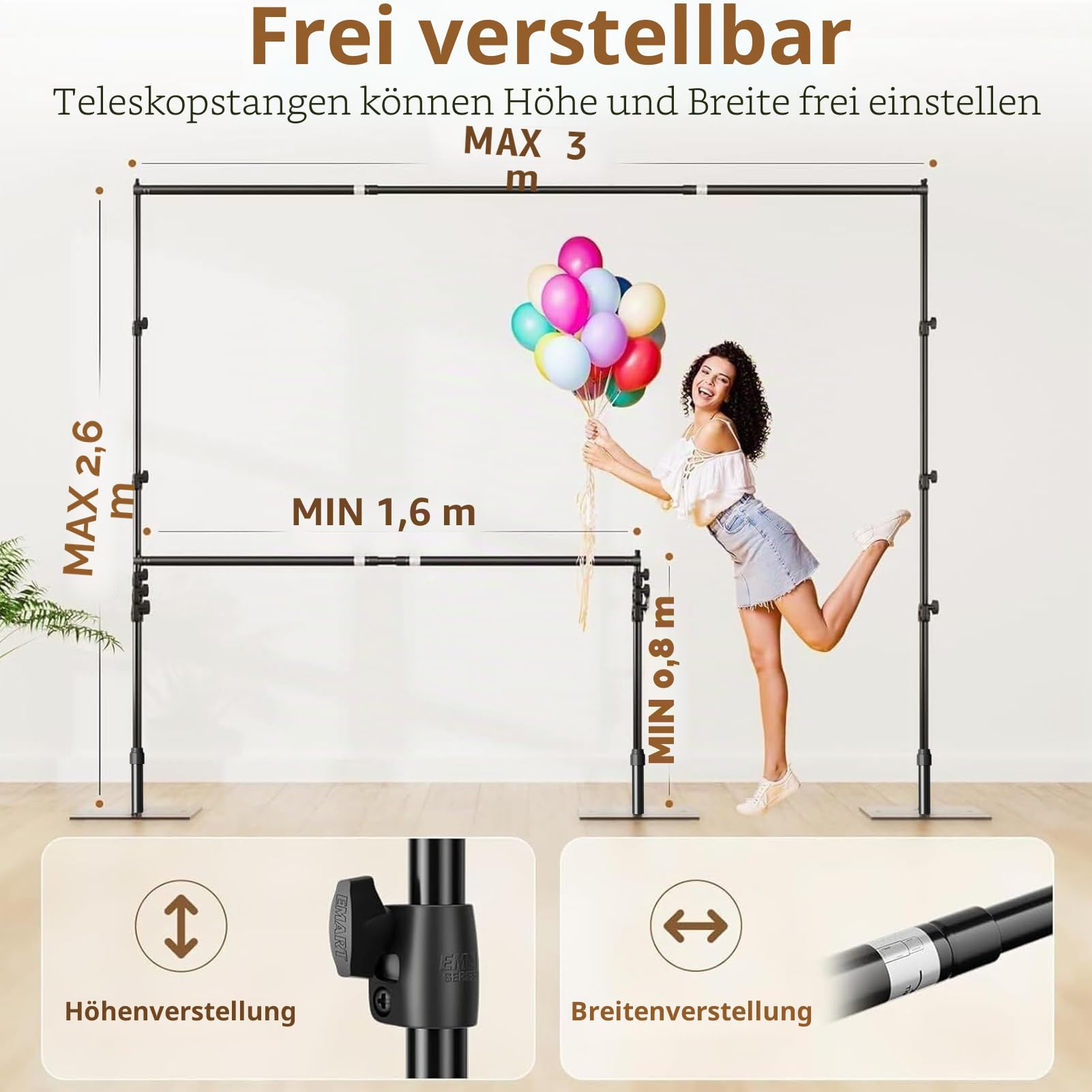 EMART Foto Hintergrund Ständer mit Stahlsockel, 2,6m x 3m Verstellbarer Hintergrundsystem, Hintergrundständer Fototudios für Fotografie Video Studio Porträt Partydekoration